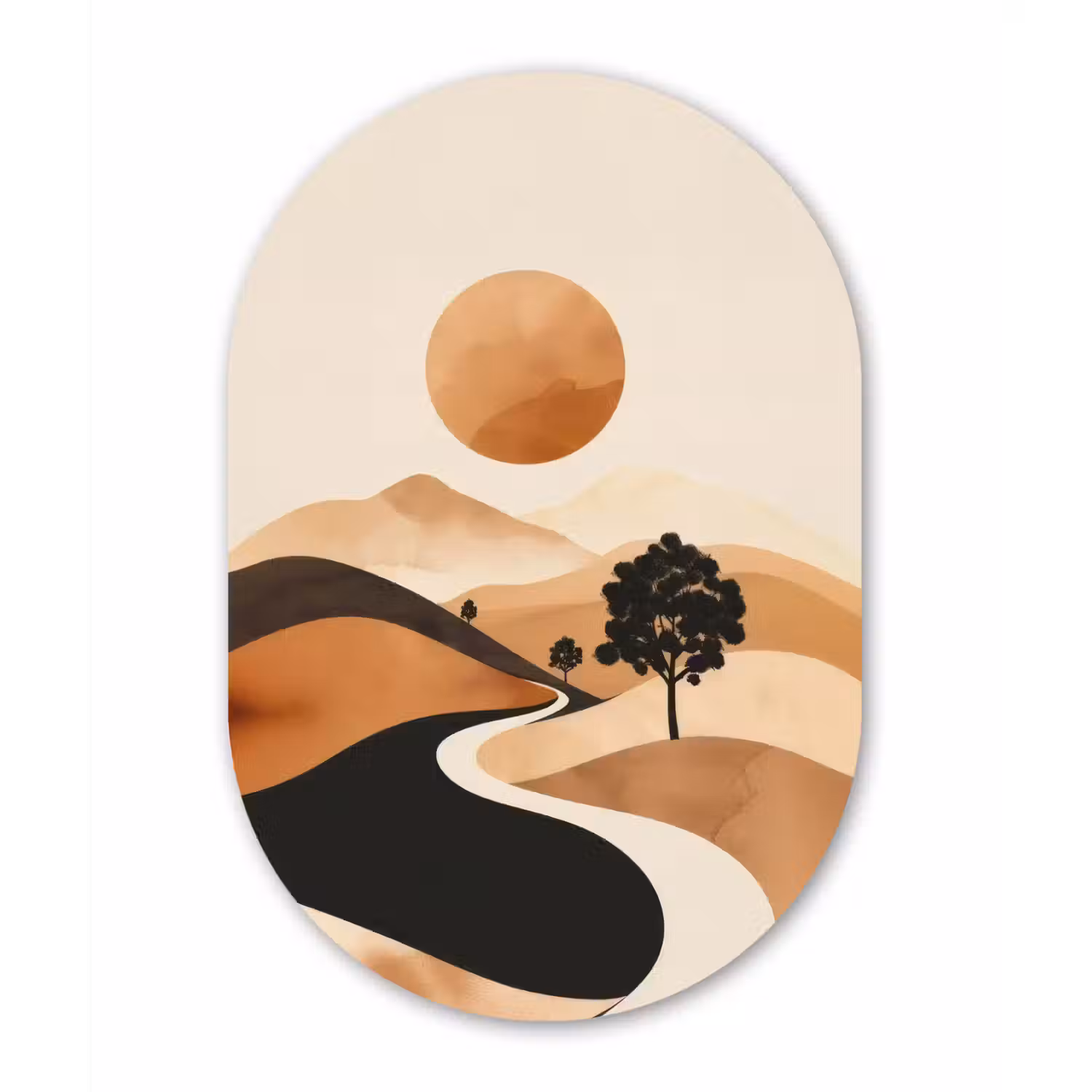 Zon - Heuvels - Boom - Abstract Wandcirkel Ovaal Glas middel -3d