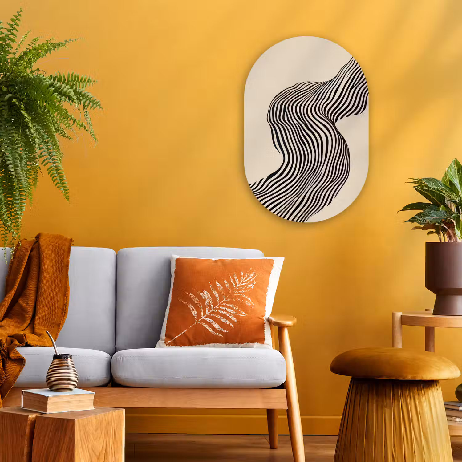 Golvend - Lijnen - Abstract - Silhouet Wandcirkel Ovaal Forex klein -sfeer4