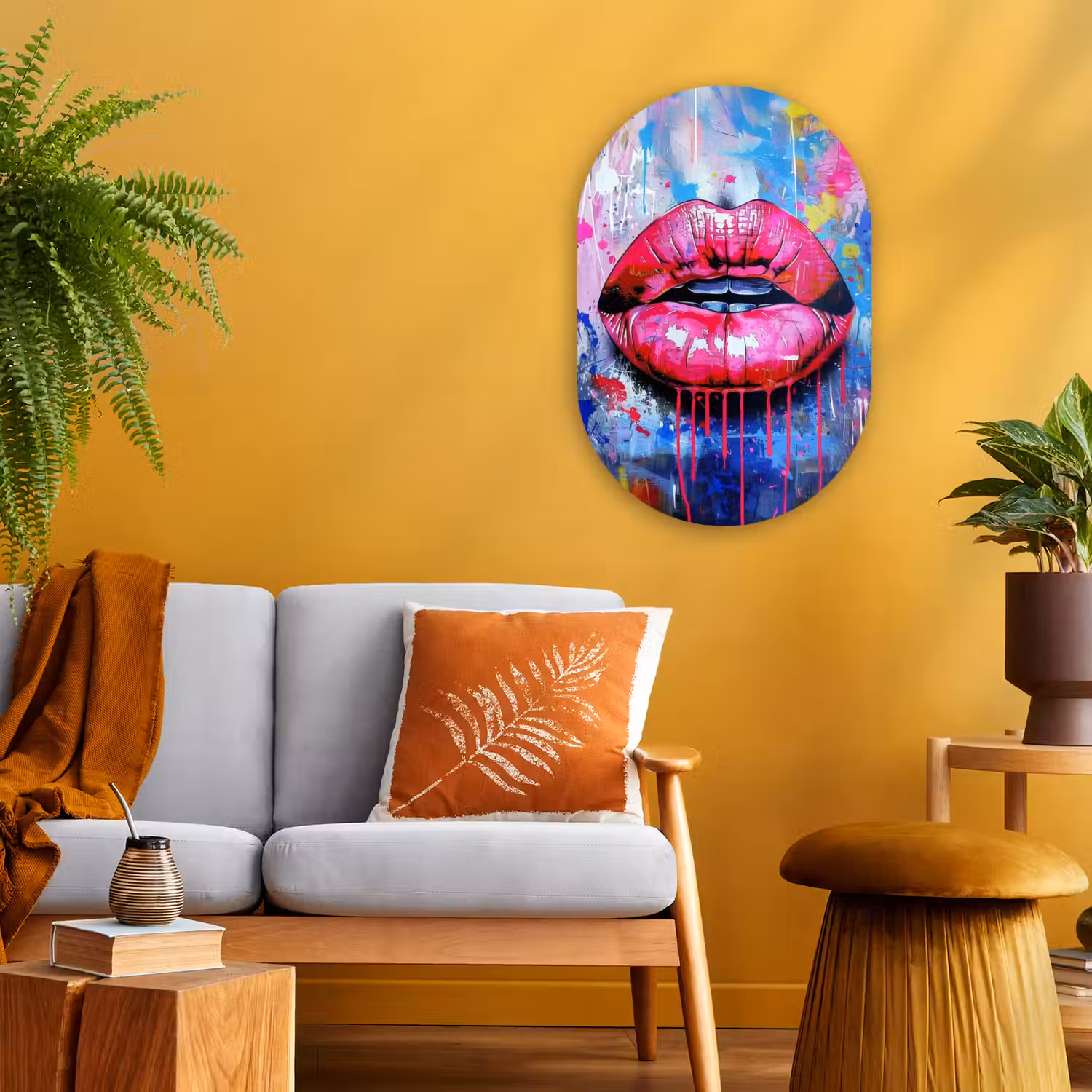 Graffiti - Lippen - Felroze - Geschilderd Wandcirkel Ovaal Forex klein -sfeer4