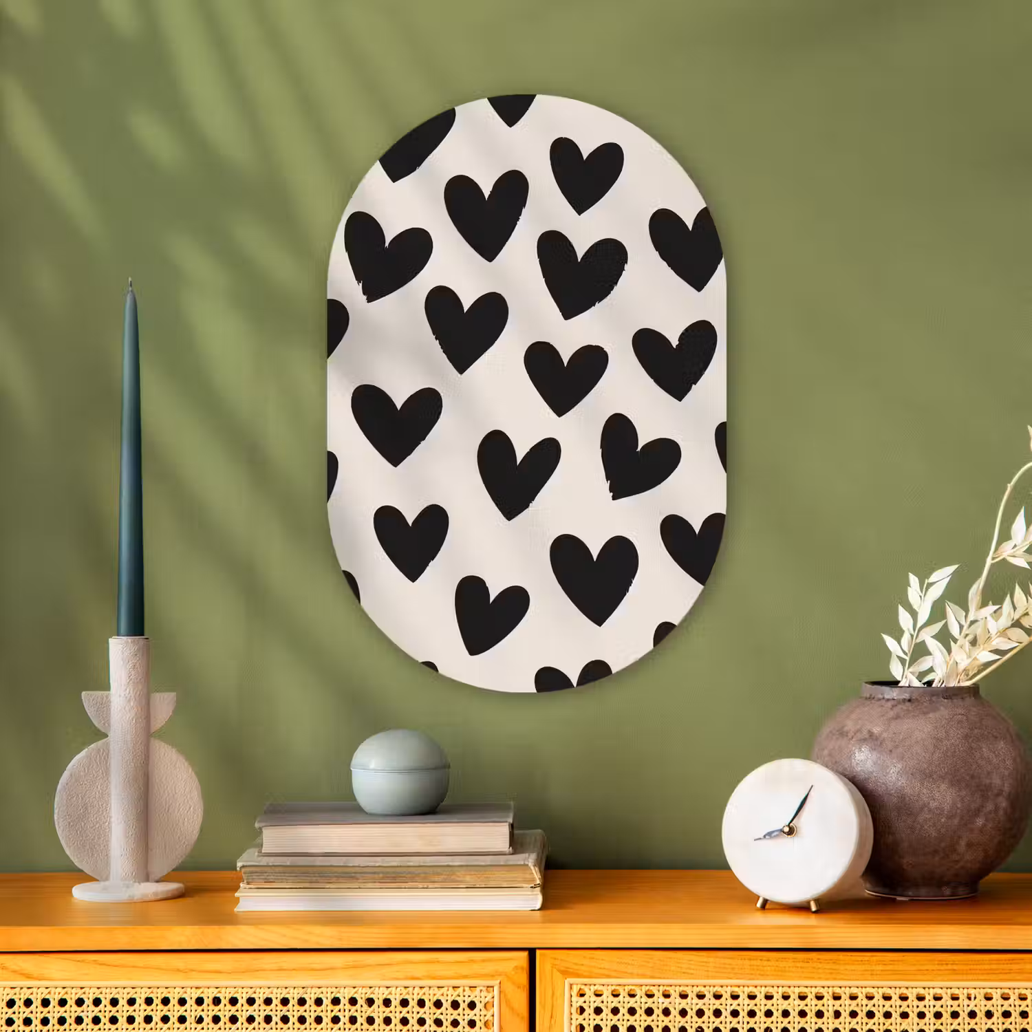 Hartjes - Zwart - Beige Wandcirkel Ovaal Forex klein -sfeer2