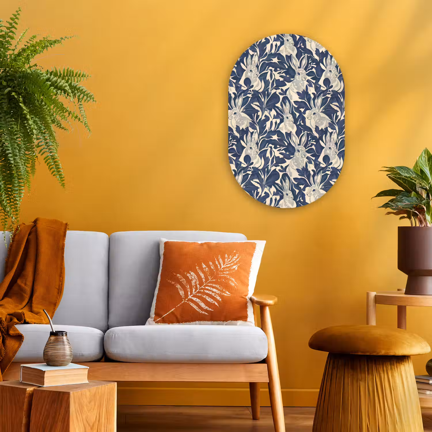 Hazen - Bladeren - Patroon - Blauw - Beige Wandcirkel Ovaal Forex klein 630 -sfeer4