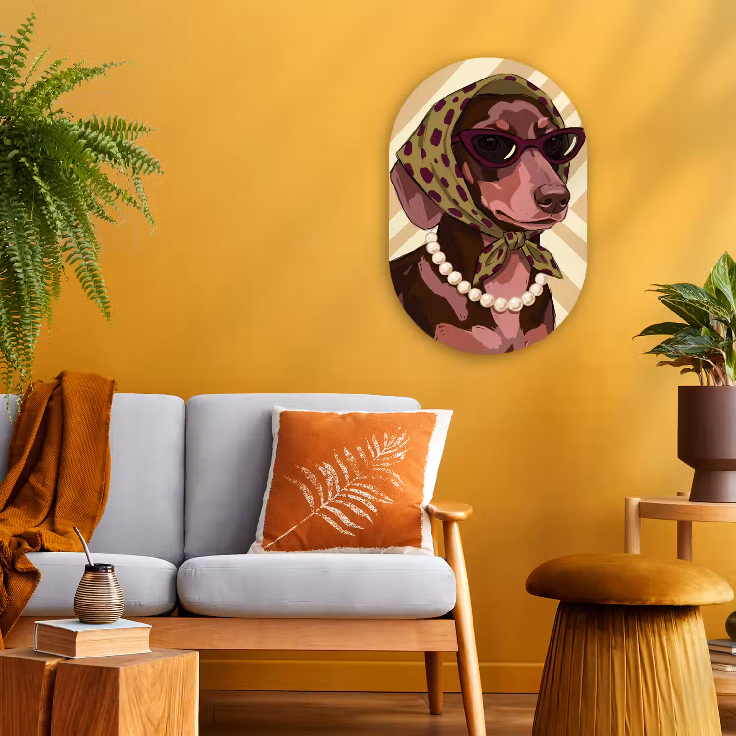 Hond - Zonnebril - Hoofddoek - Dieren - Modern Wandcirkel Ovaal Forex klein -sfeer4