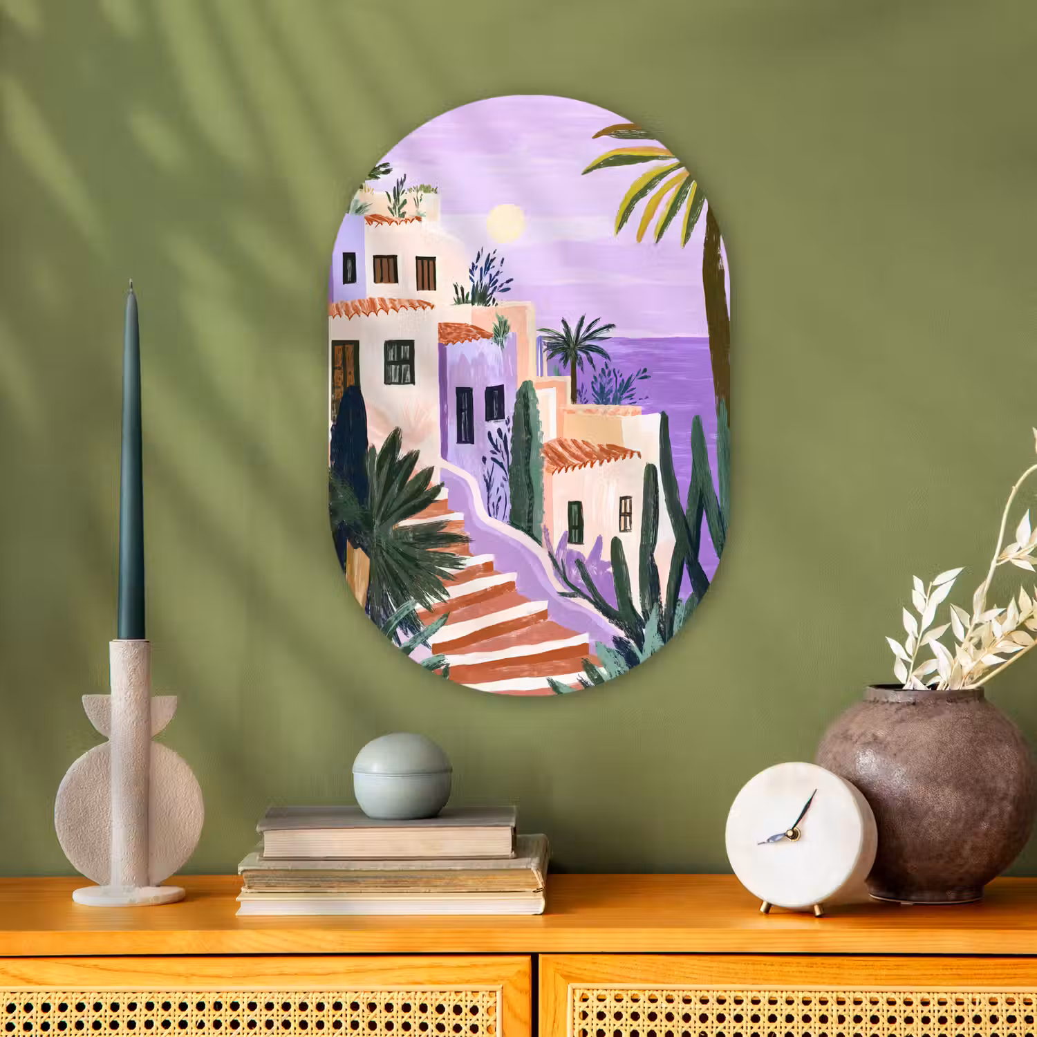 Huizen - Minimalistisch - Palmbomen - Kust Wandcirkel Ovaal Forex klein -sfeer2