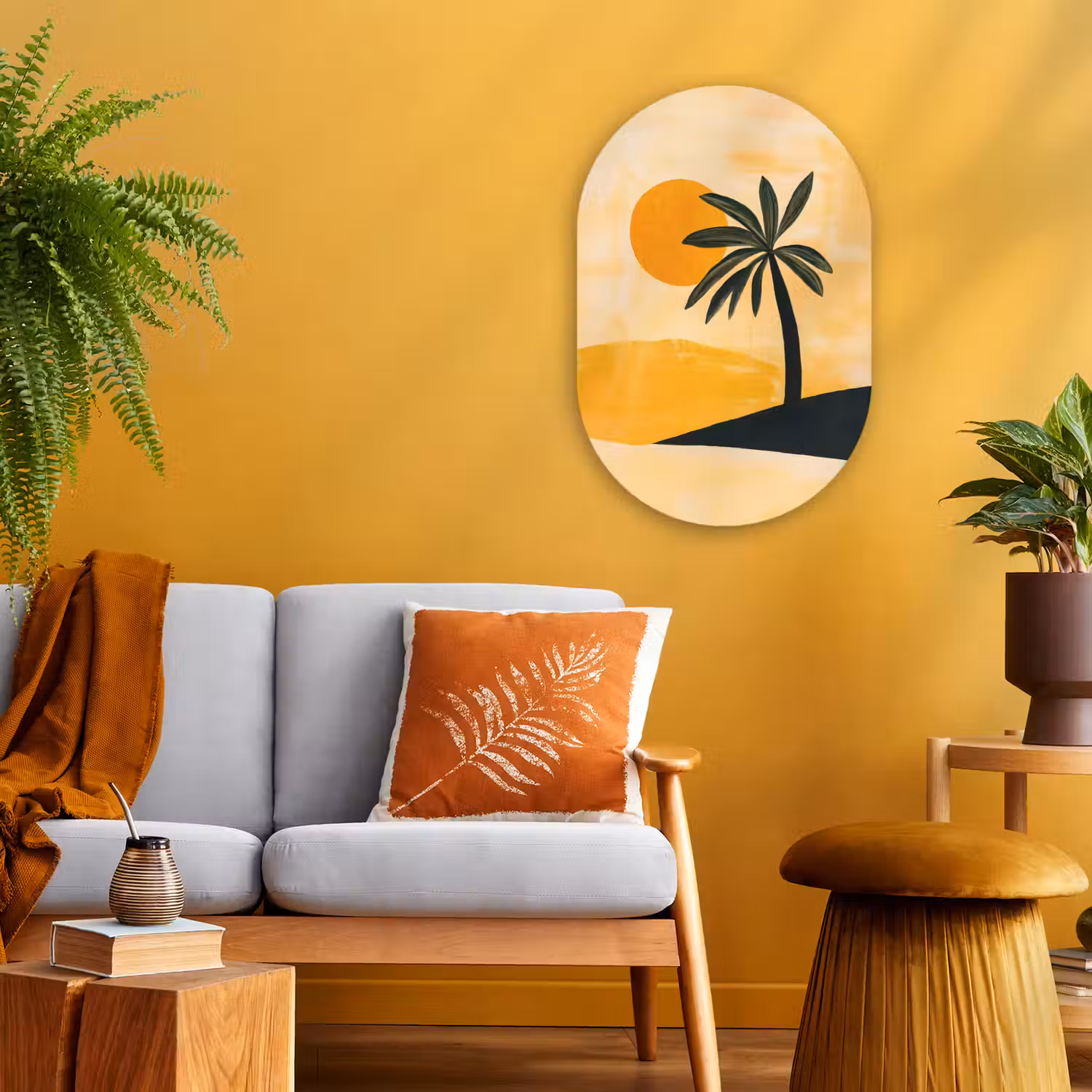 Illustratie - Palmboom - Zon - Heuvels Wandcirkel Ovaal Forex klein -sfeer4