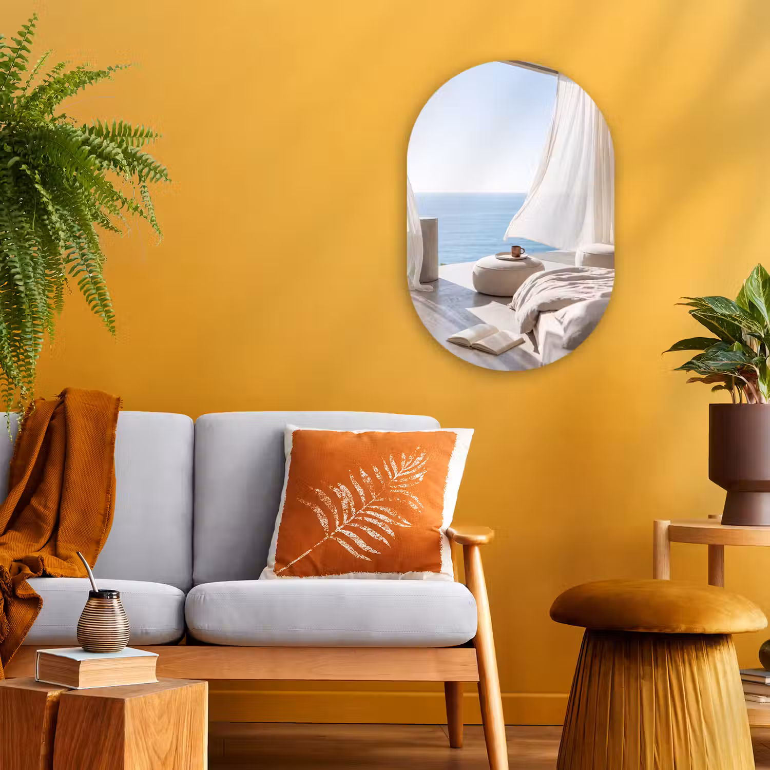 Interieur - Zeezicht - Modern - Rust - Beige Wandcirkel Ovaal Forex klein -sfeer4