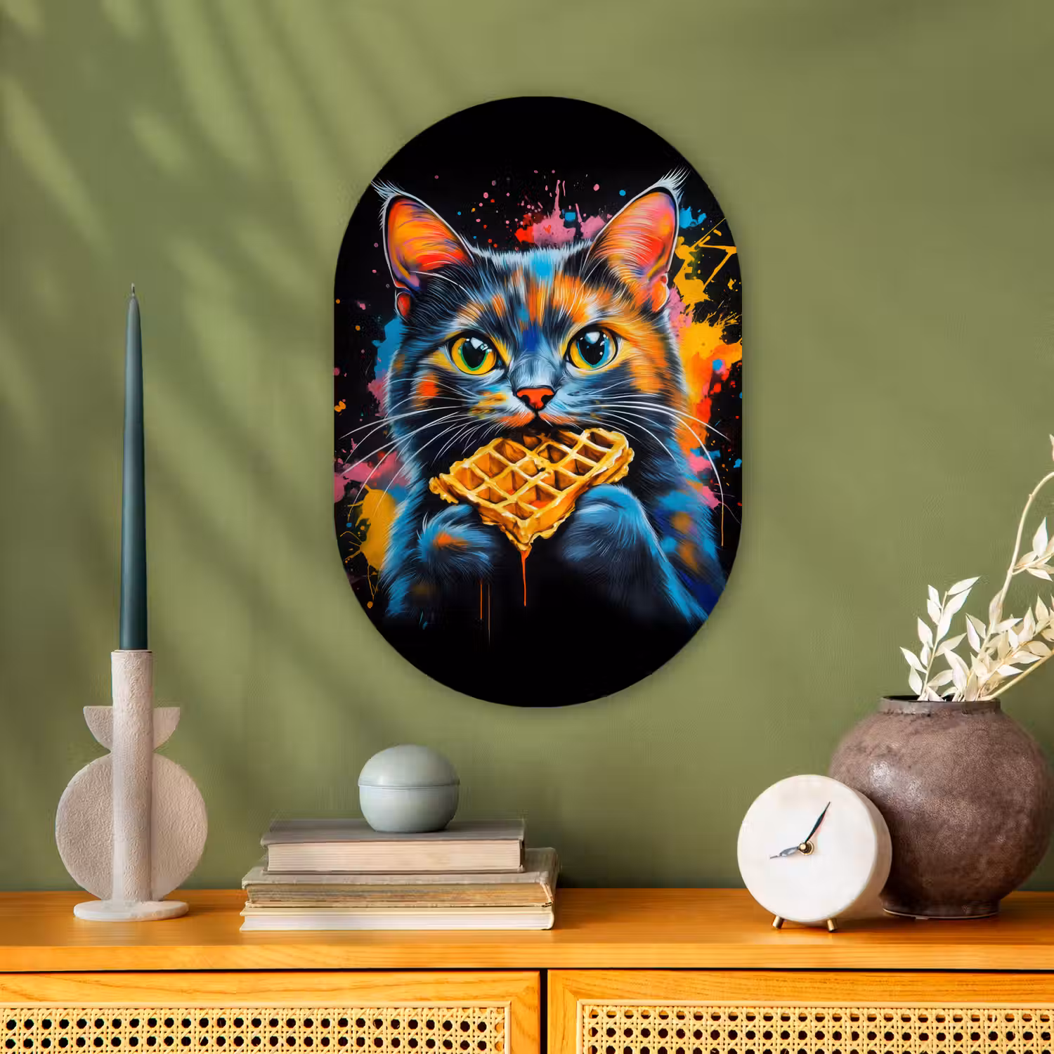 Kat - Graffiti - Kleurrijk - Wafel - Eten Wandcirkel Ovaal Forex klein -sfeer2
