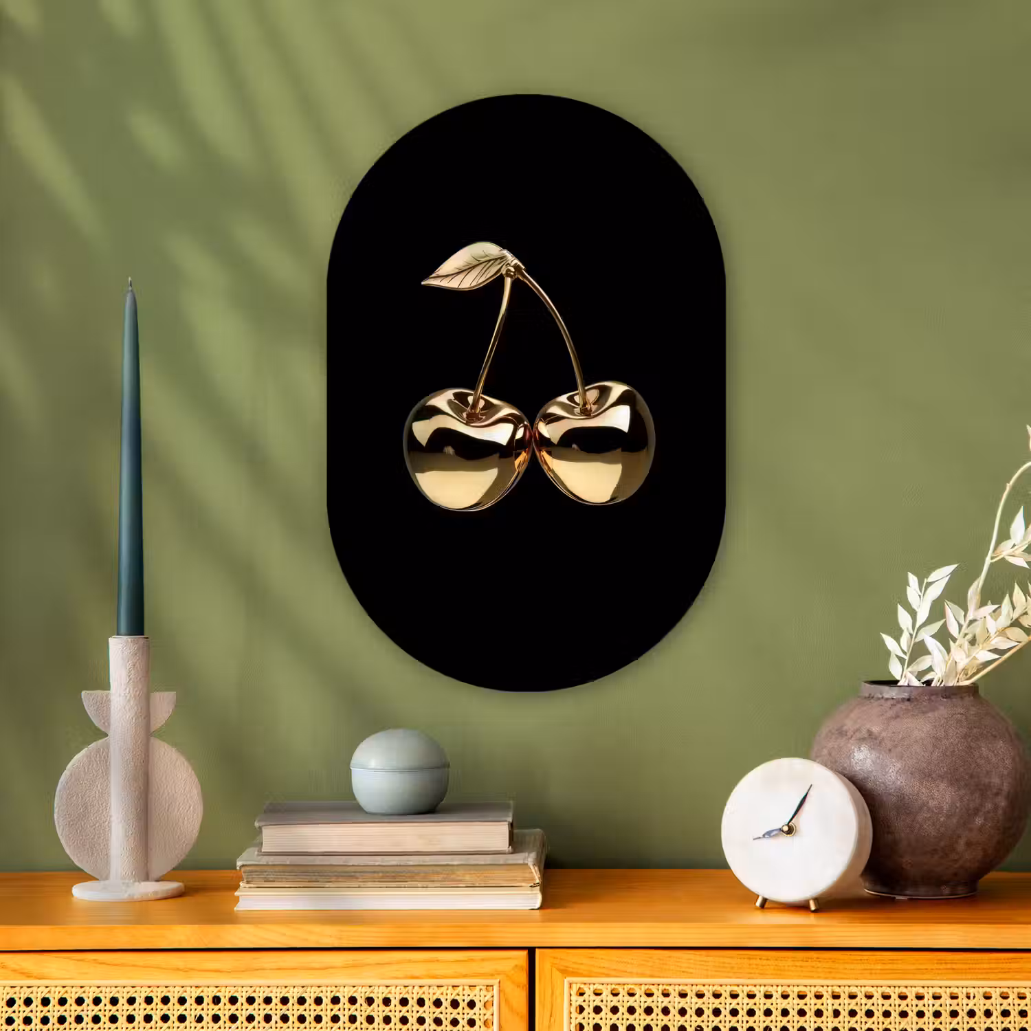 Kersen - Zwart - Goud - Chrome Wandcirkel Ovaal Forex klein -sfeer2