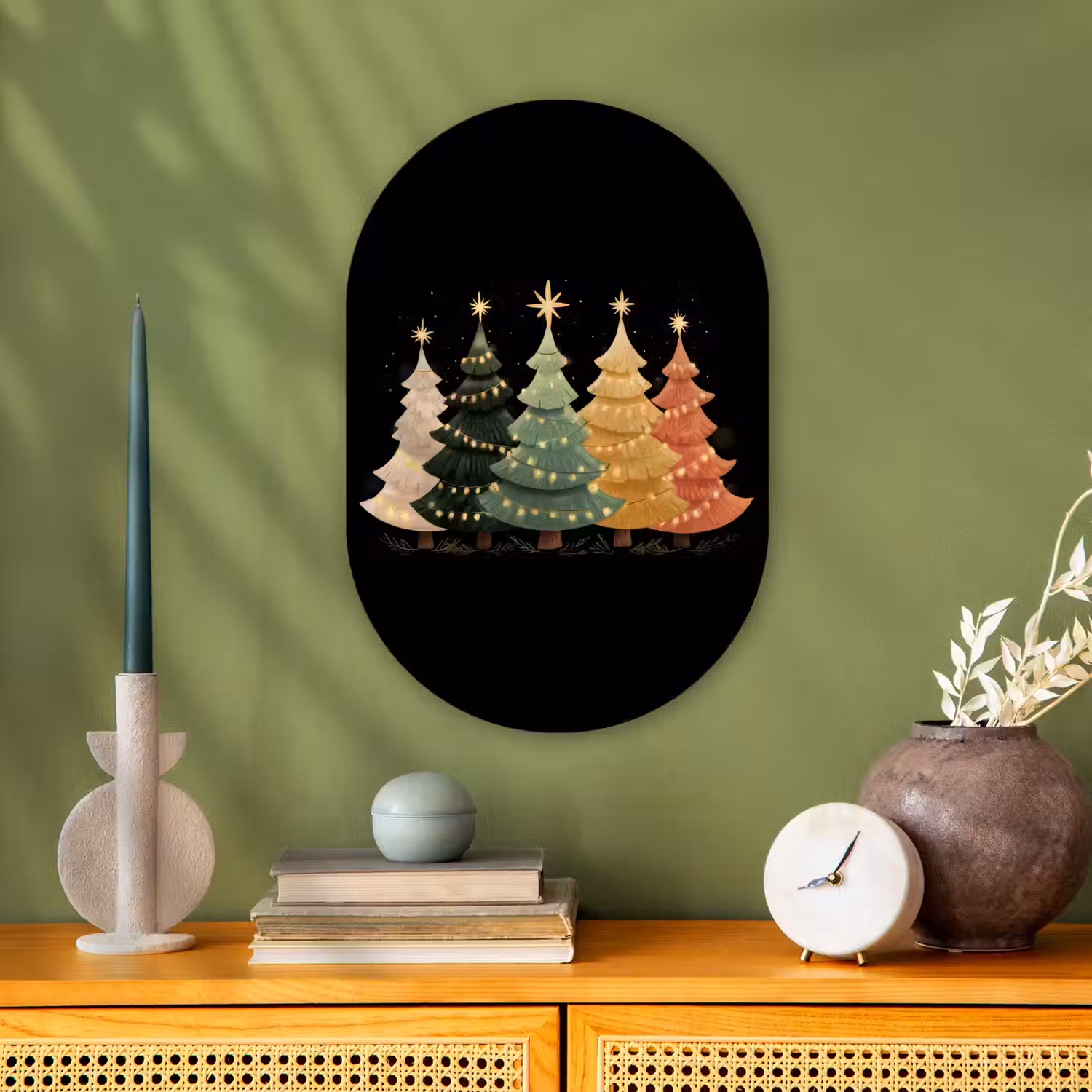 Kerstbomen - Kleurrijk - Lichtjes - Ster Wandcirkel Ovaal Forex klein -sfeer2