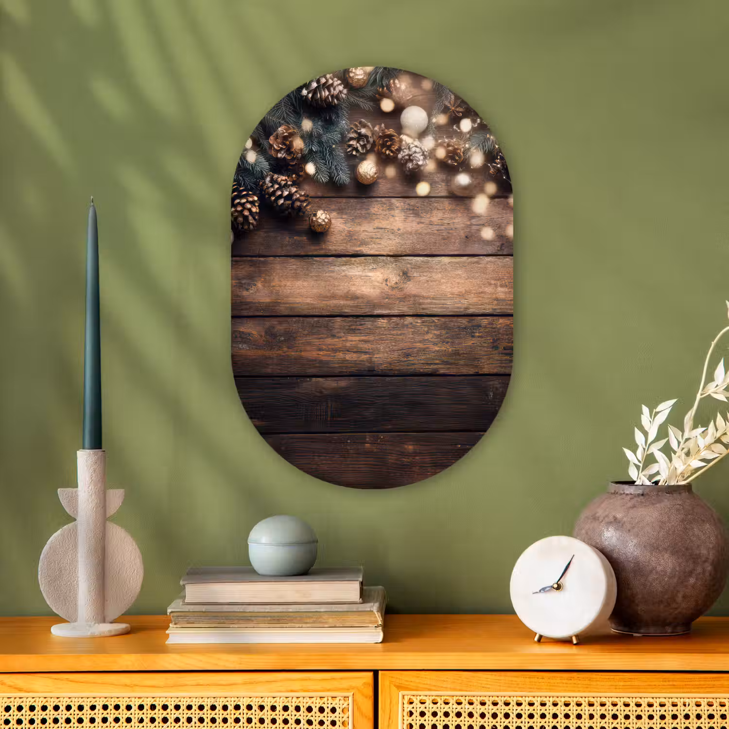 Kerstdecoratie - Houten - Dennenappel - Bruin Wandcirkel Ovaal Forex klein -sfeer2