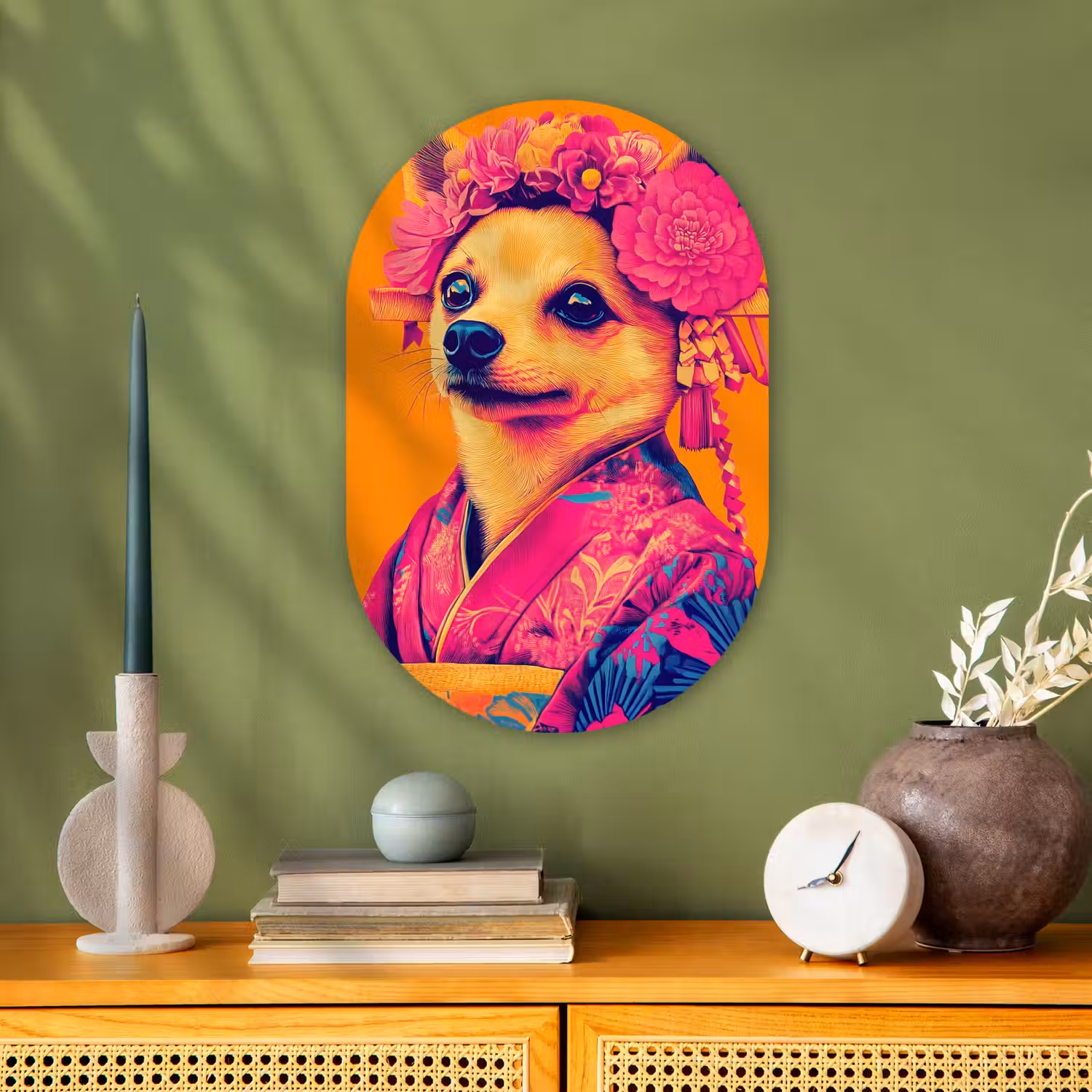 Kimono - Hondje - Bloemenkroon - Oranje Wandcirkel Ovaal Forex klein -sfeer2