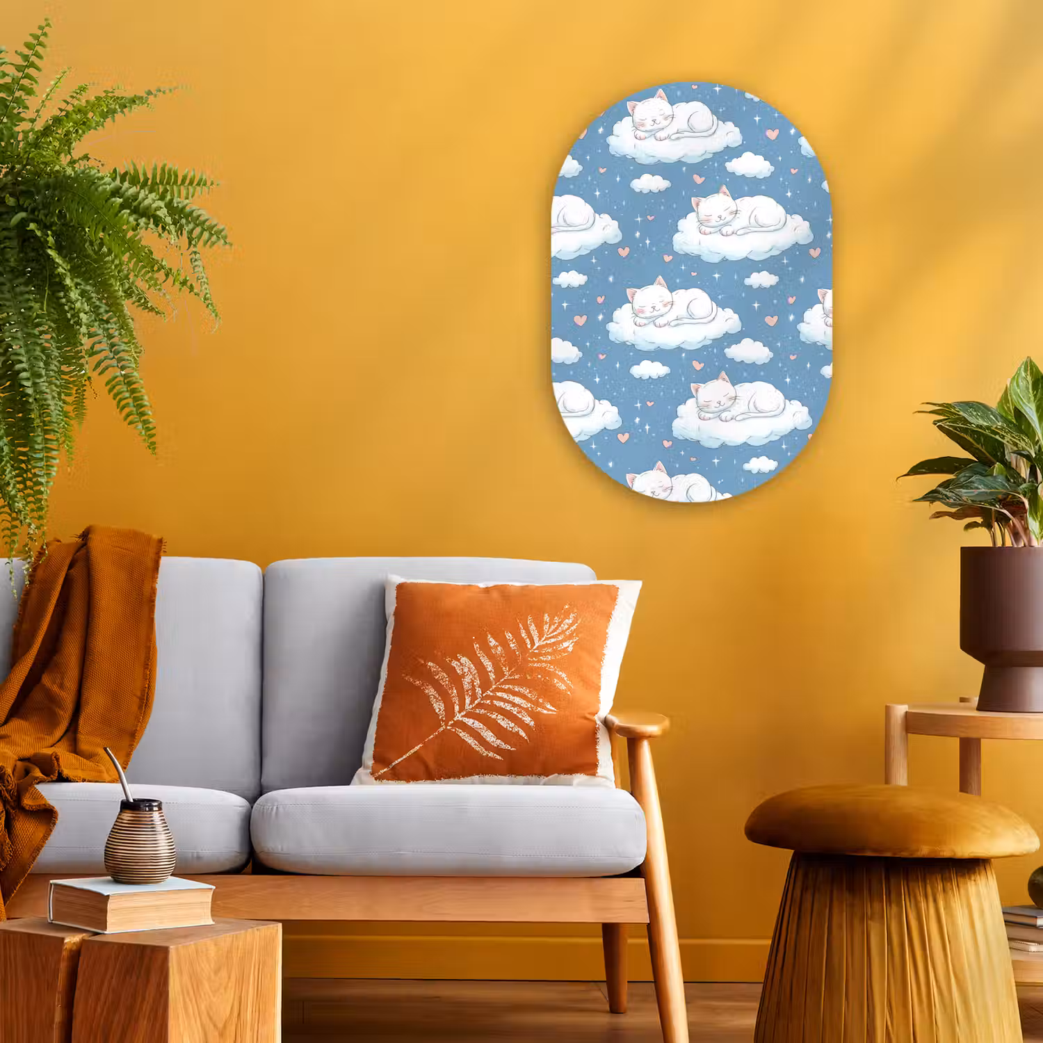 Kitten - Wolken - Blauw Wandcirkel Ovaal Forex klein 630 -sfeer4