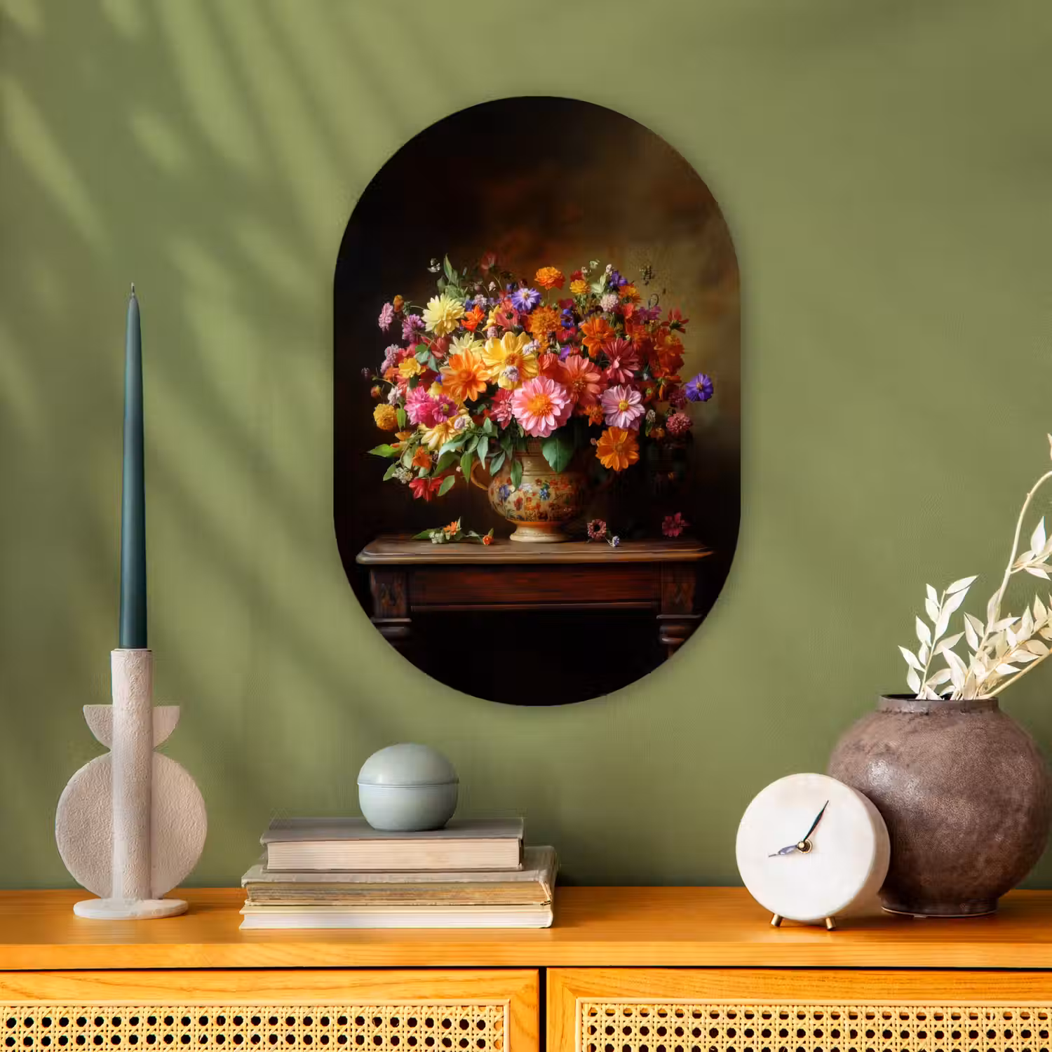 Kleuren - Boeket - Vaas - Hout Wandcirkel Ovaal Forex klein -sfeer2