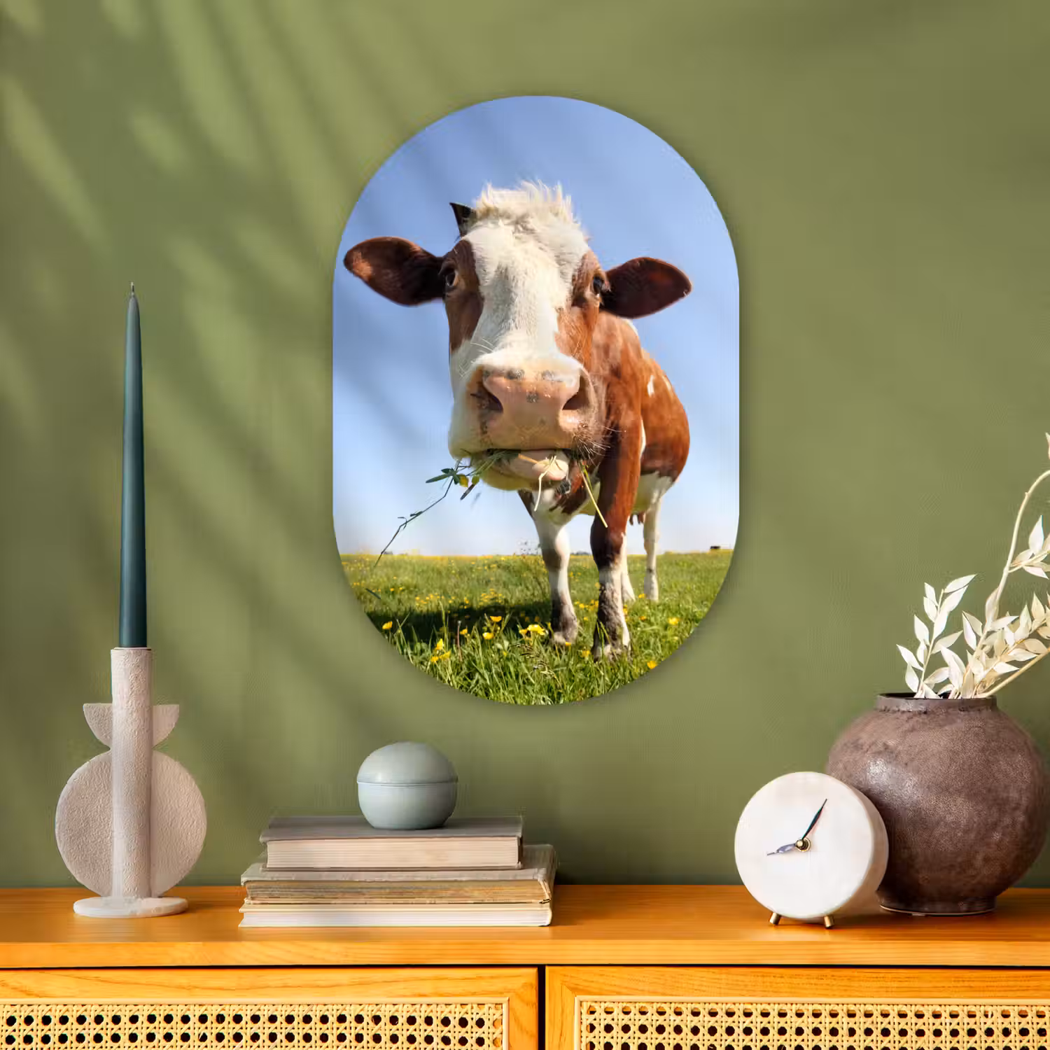Koe - Dieren - Bloemen - Gras Wandcirkel Ovaal Forex klein -sfeer2