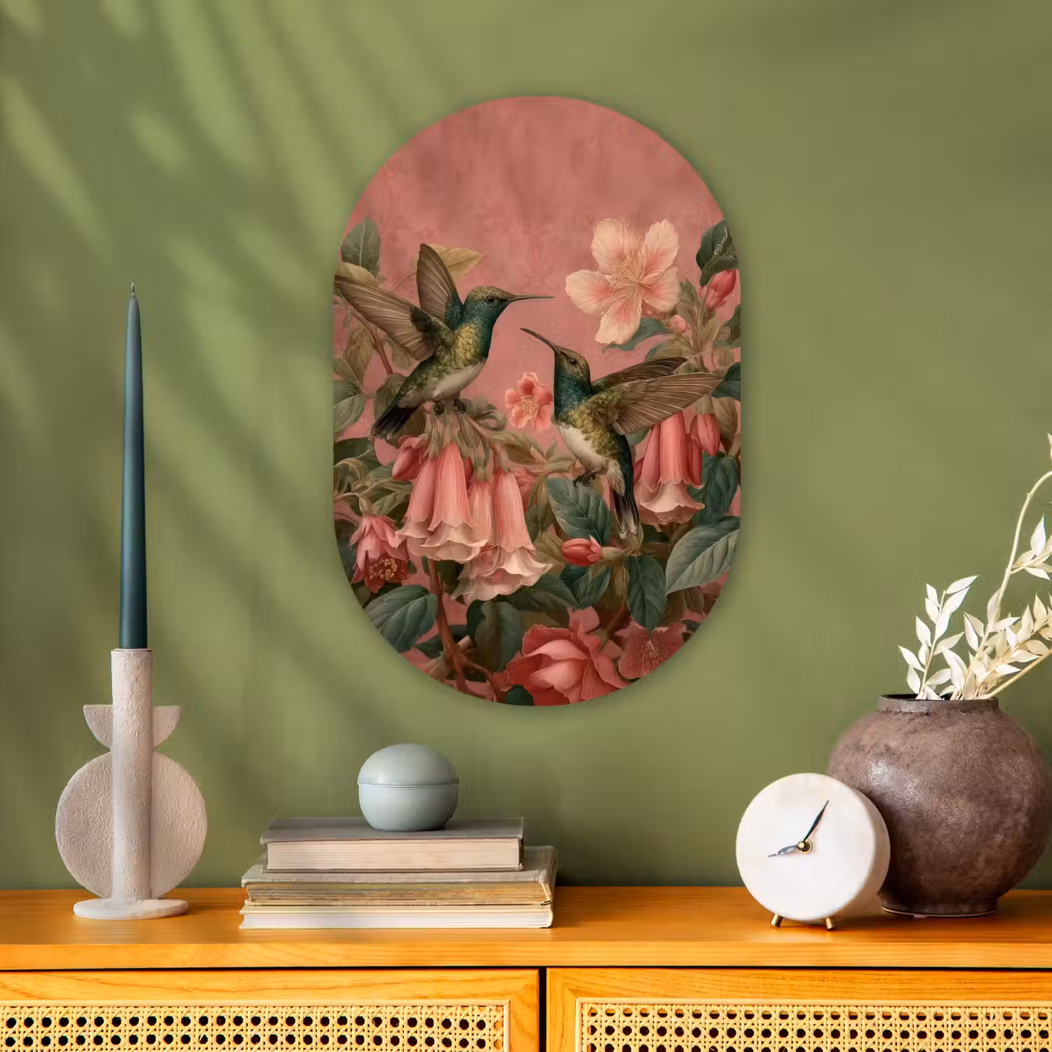 Kolibries - Bloemen - Groen - Roze Wandcirkel Ovaal Forex klein -sfeer2
