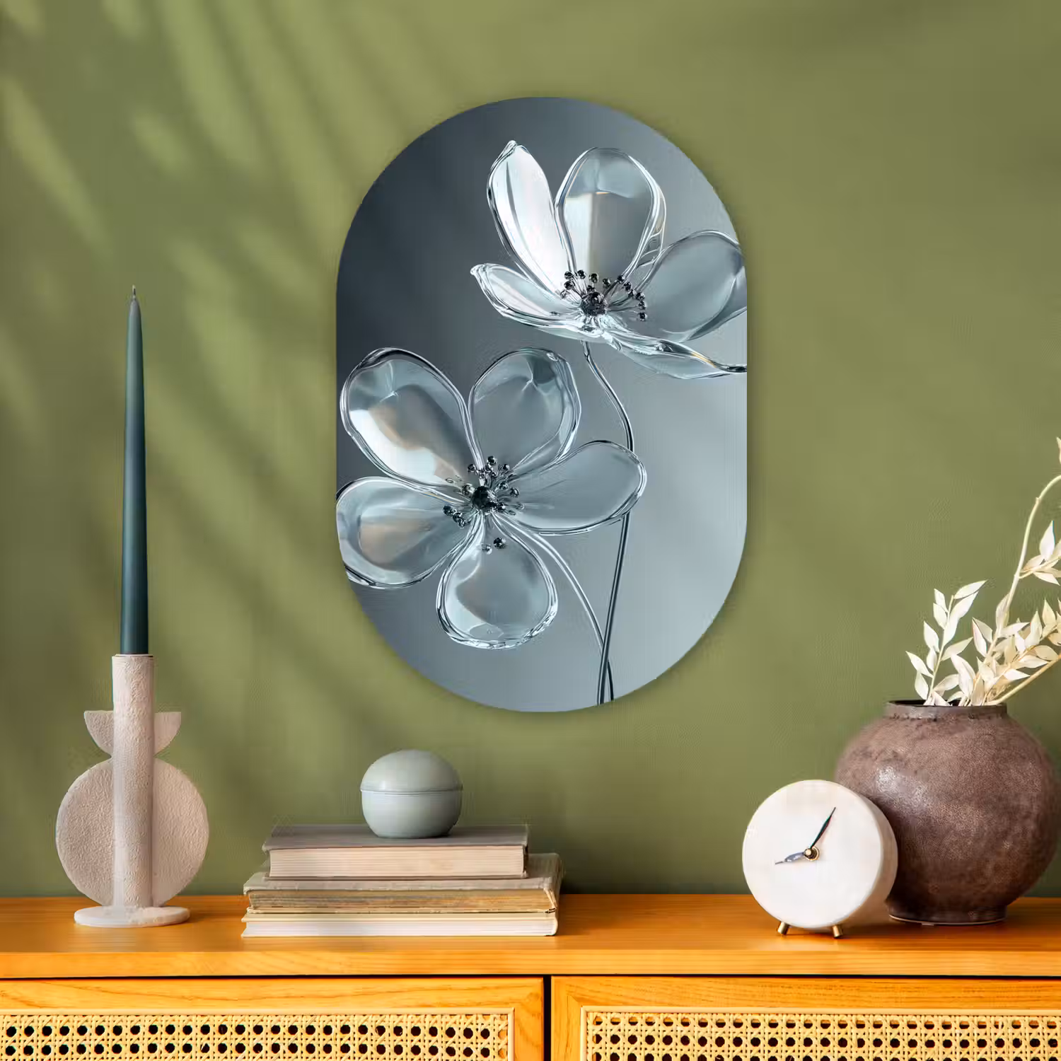 Kristal - Bloemen - Grijs Wandcirkel Ovaal Forex klein -sfeer2