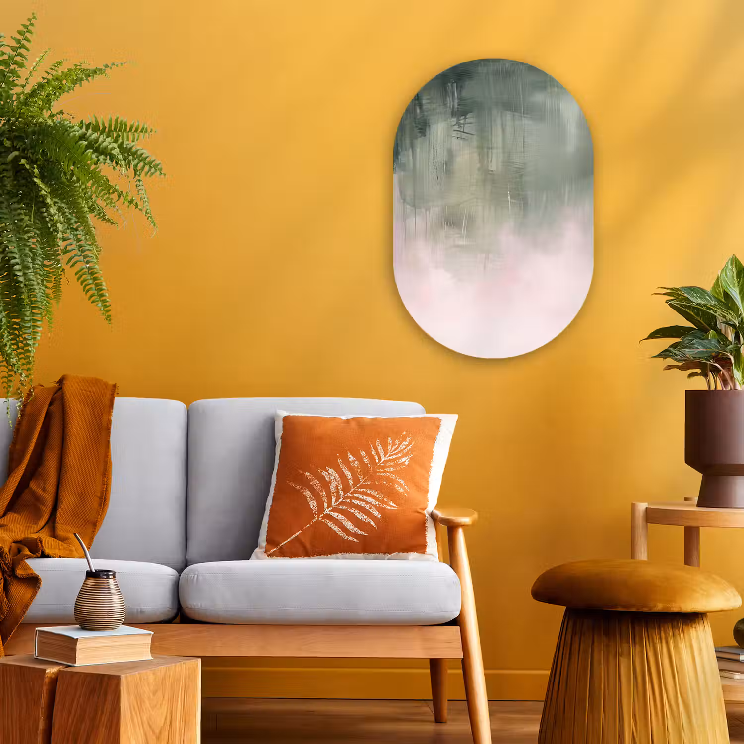 Kunst - Abstract - Modern - Groen - Roze Wandcirkel Ovaal Forex klein -sfeer4