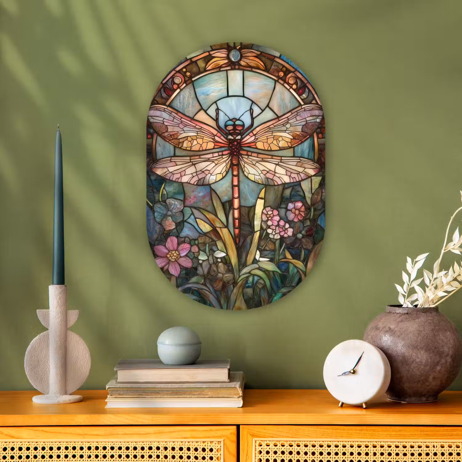 Libelle - Mozaïek - Bloemen - Kleurrijk Wandcirkel Ovaal Forex klein -sfeer2