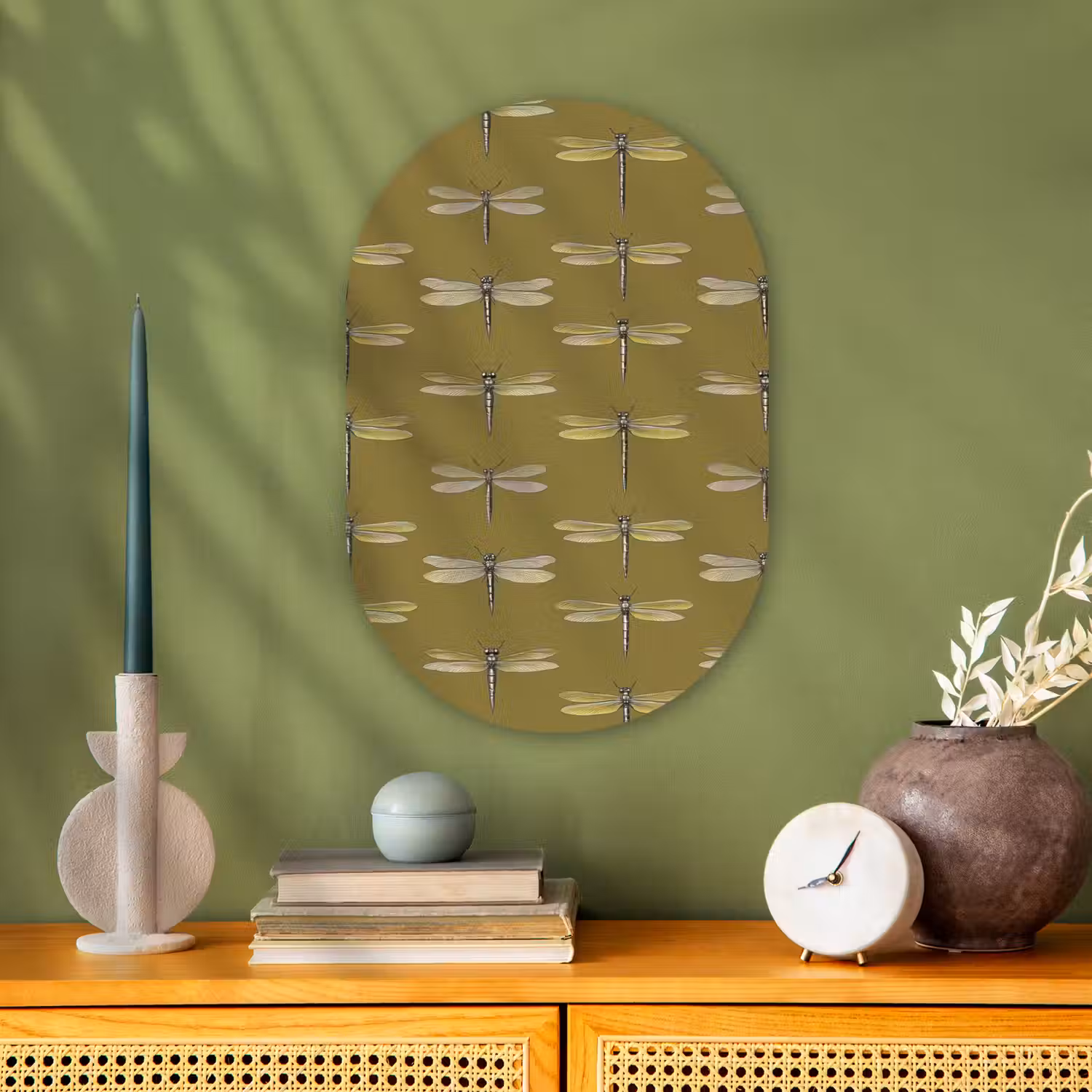 Libellen - Patroon - Groen Wandcirkel Ovaal Forex klein 630 -sfeer2