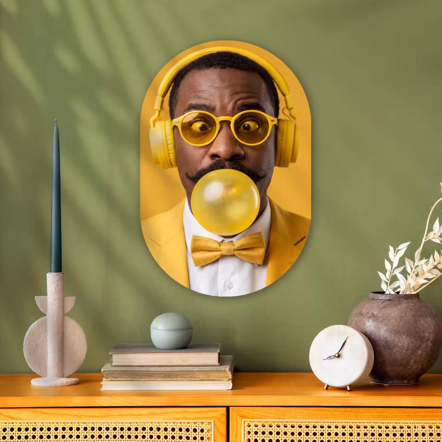 Man - Bubblegum - Portret - Geel - Modern Wandcirkel Ovaal Forex klein -sfeer2