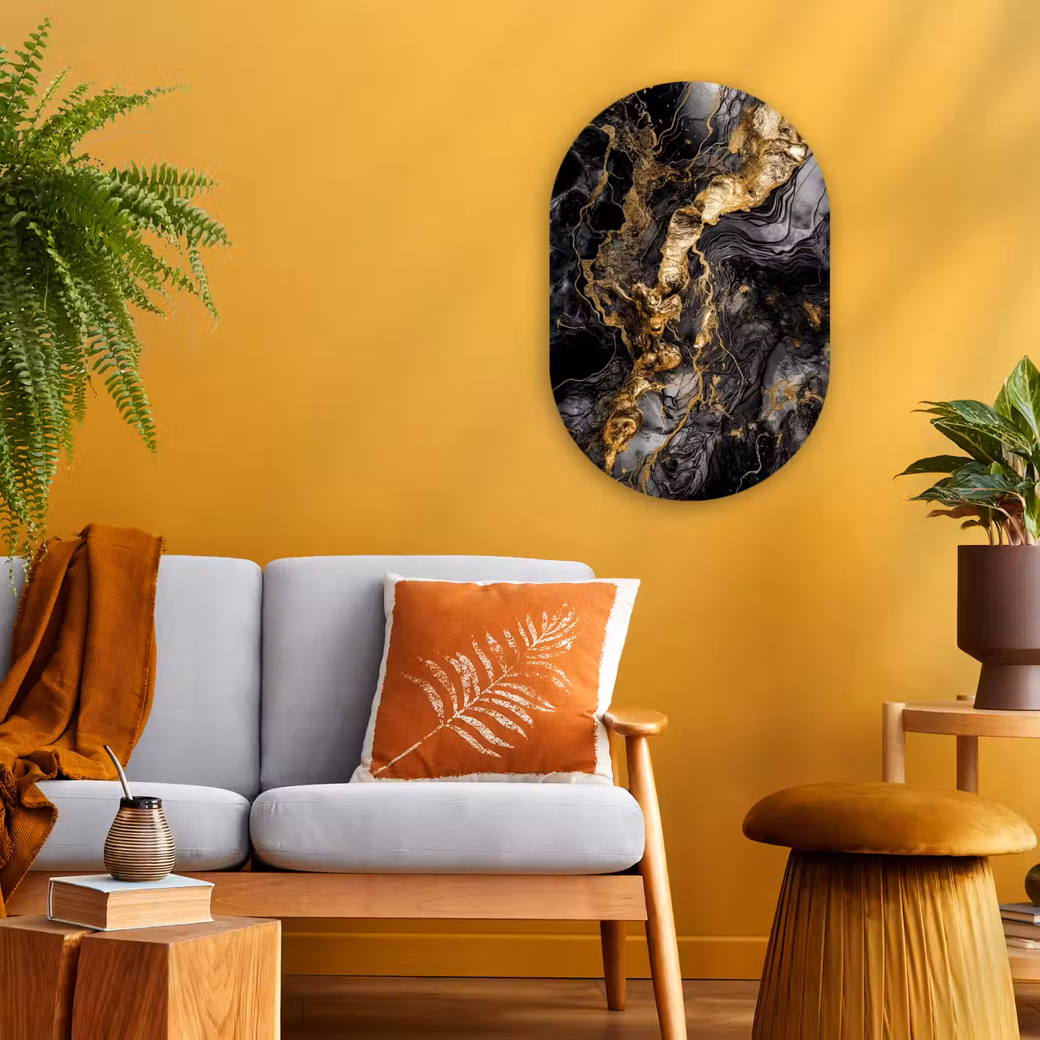 Marmer - Zwart - Goud - Abstract Wandcirkel Ovaal Forex klein -sfeer4