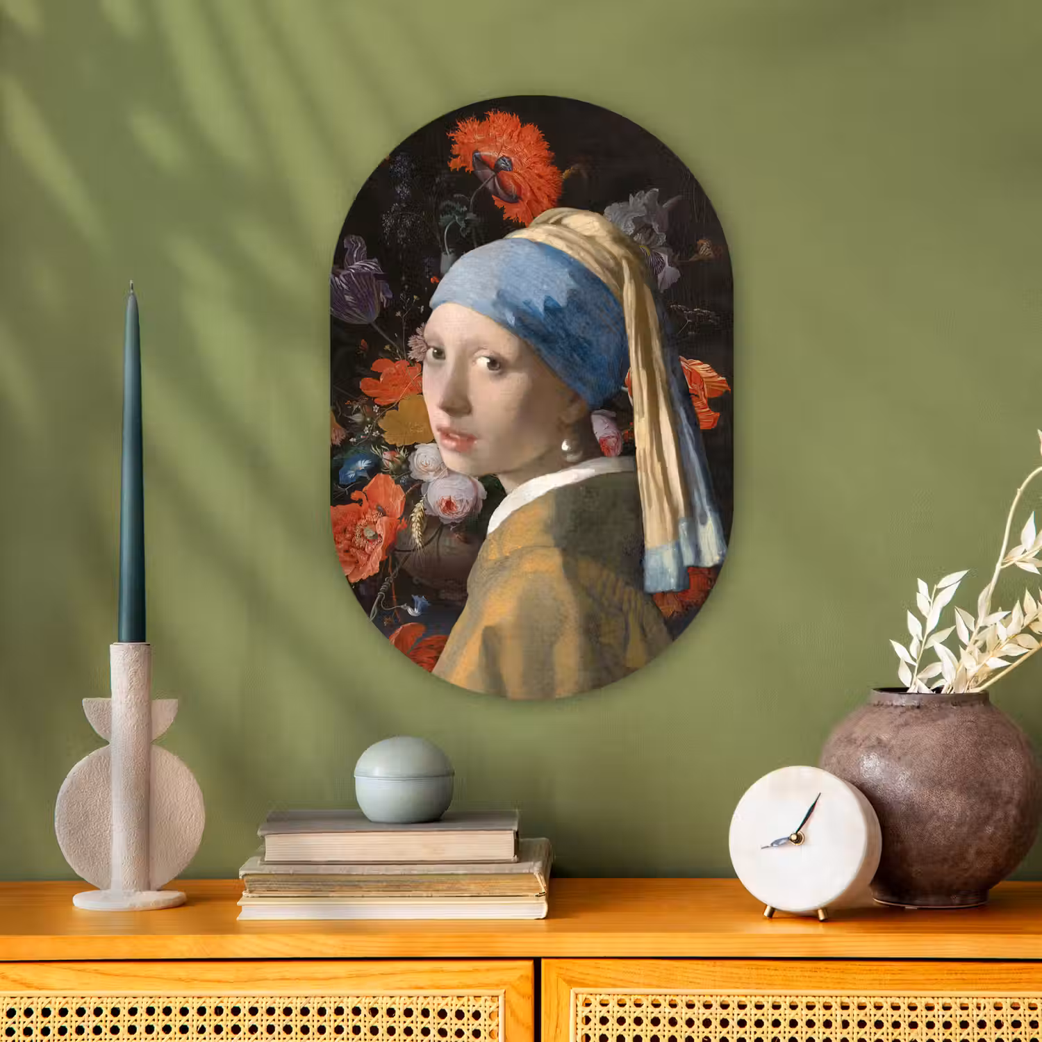 Meisje met de parel - Johannes Vermeer - Bloemen Wandcirkel Ovaal Forex klein -sfeer2