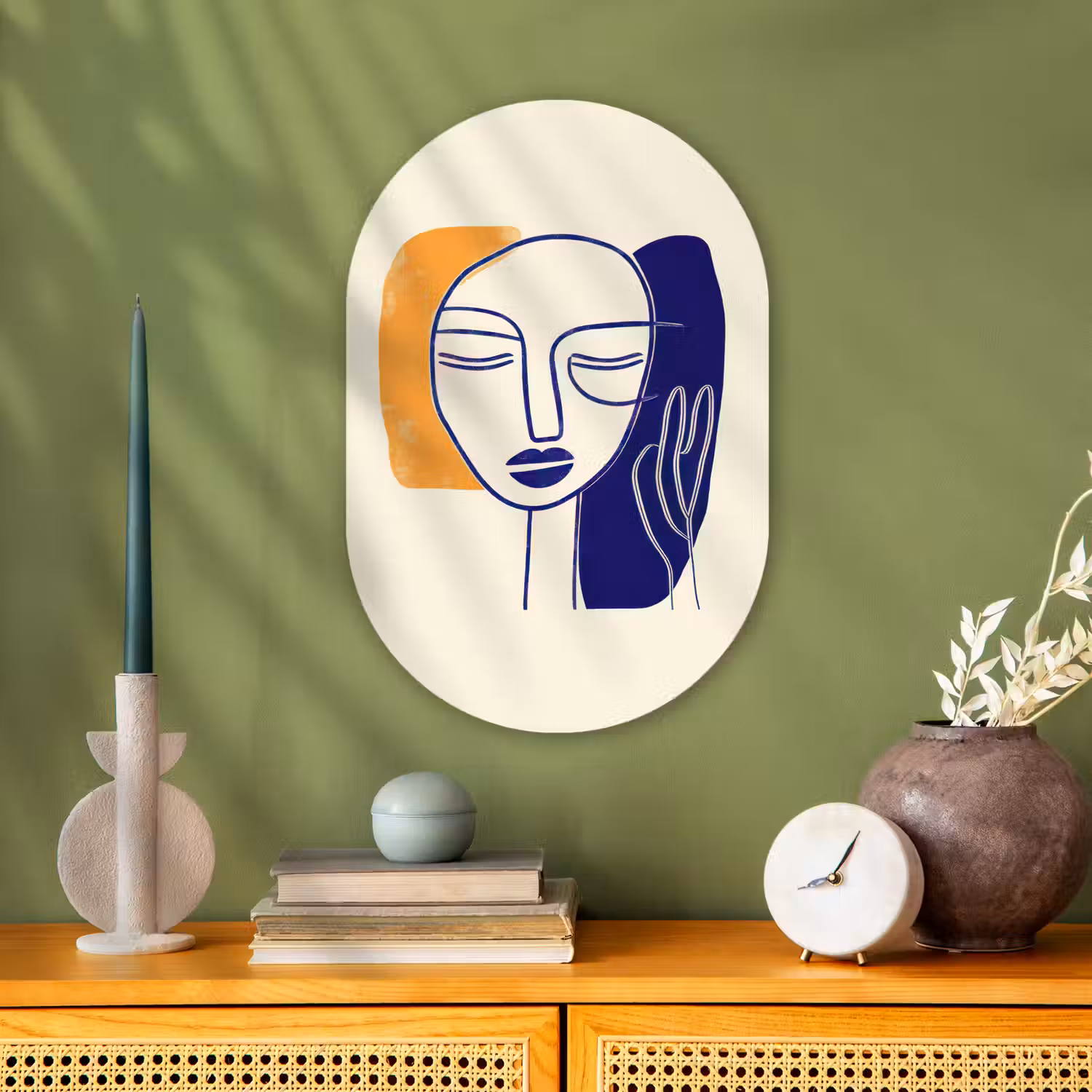 Minimalistisch - Gezicht - Hand - Oranje - Blauw Wandcirkel Ovaal Forex klein -sfeer2