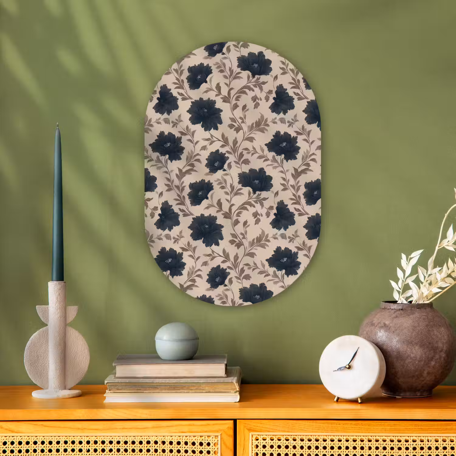 Motief - Bloemen - Zwart - Beige Wandcirkel Ovaal Forex klein 630 -sfeer2