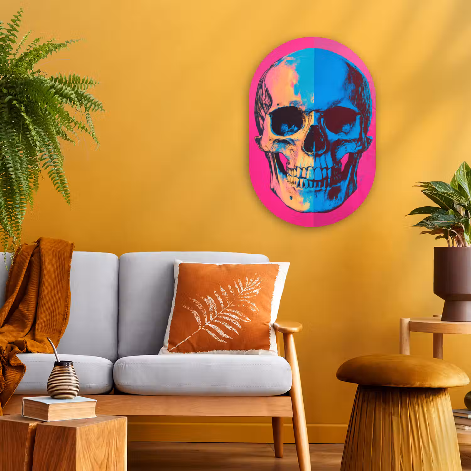 Neon - Blauw - Pop-art - Schedel Wandcirkel Ovaal Forex klein -sfeer4