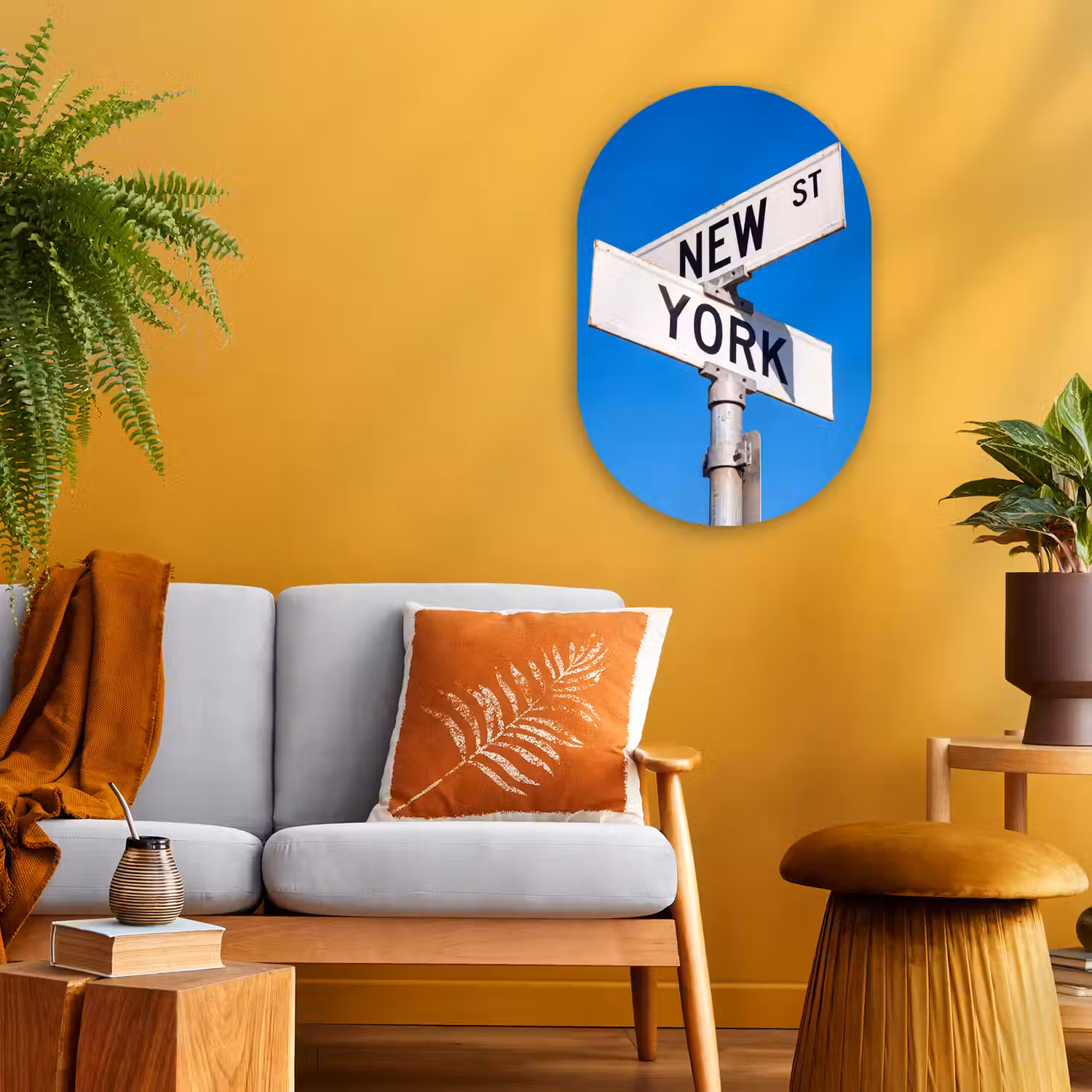 New York - Straatbord - Stad - Urban - Blauw Wandcirkel Ovaal Forex klein -sfeer4