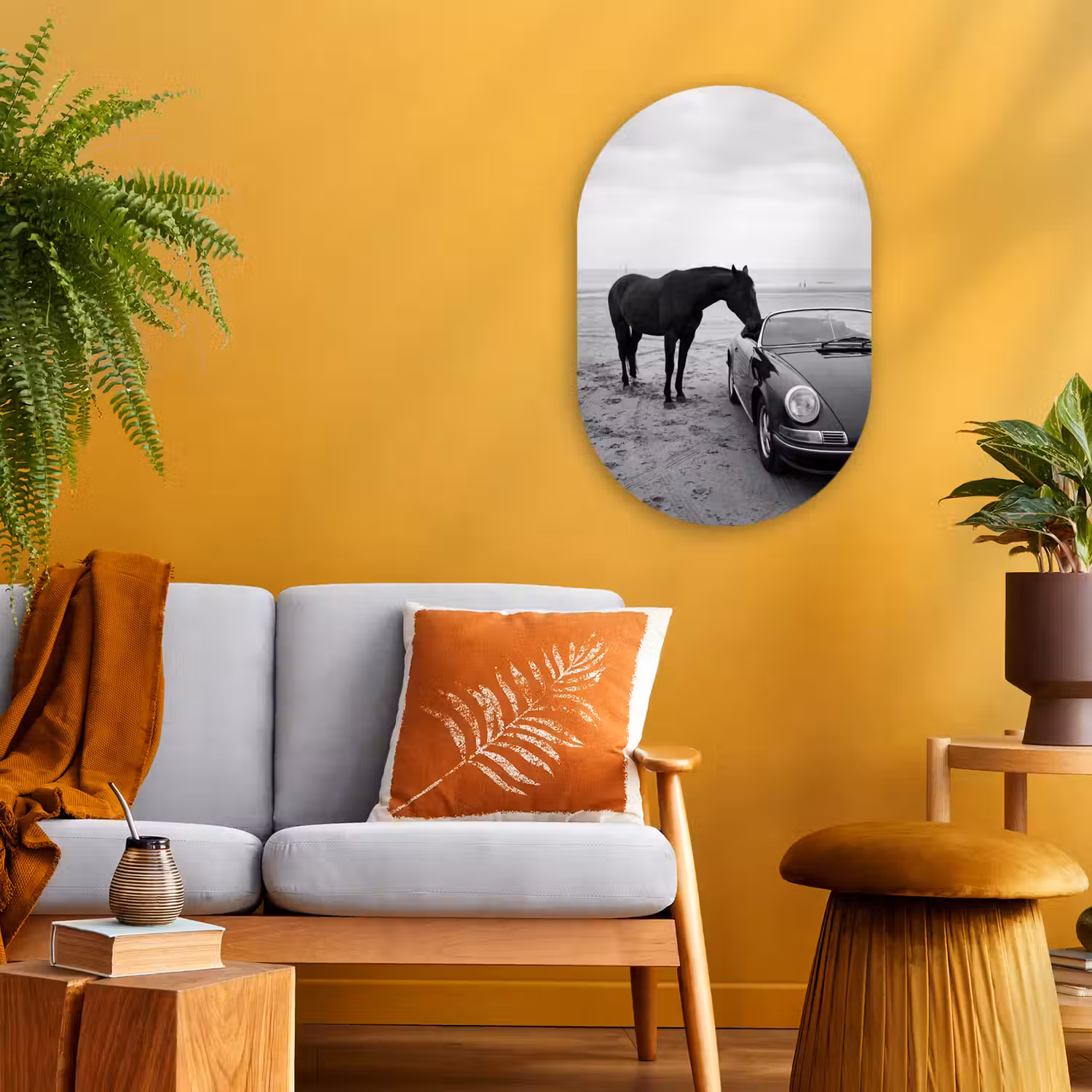 Paard - Auto - Zwart - Wit Wandcirkel Ovaal Forex klein -sfeer4