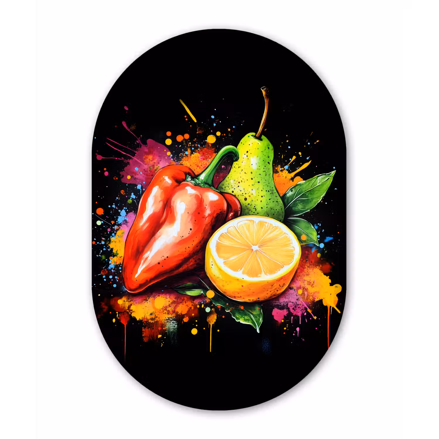 Paprika - Peer - Citroen - Graffiti - Verf - Abstract Wandcirkel Ovaal Forex klein -3d