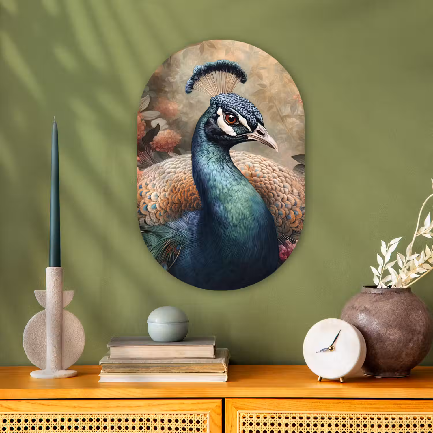 Pauw - Vogel - Bloemen - Planten - Pauwenveren Wandcirkel Ovaal Forex klein -sfeer2