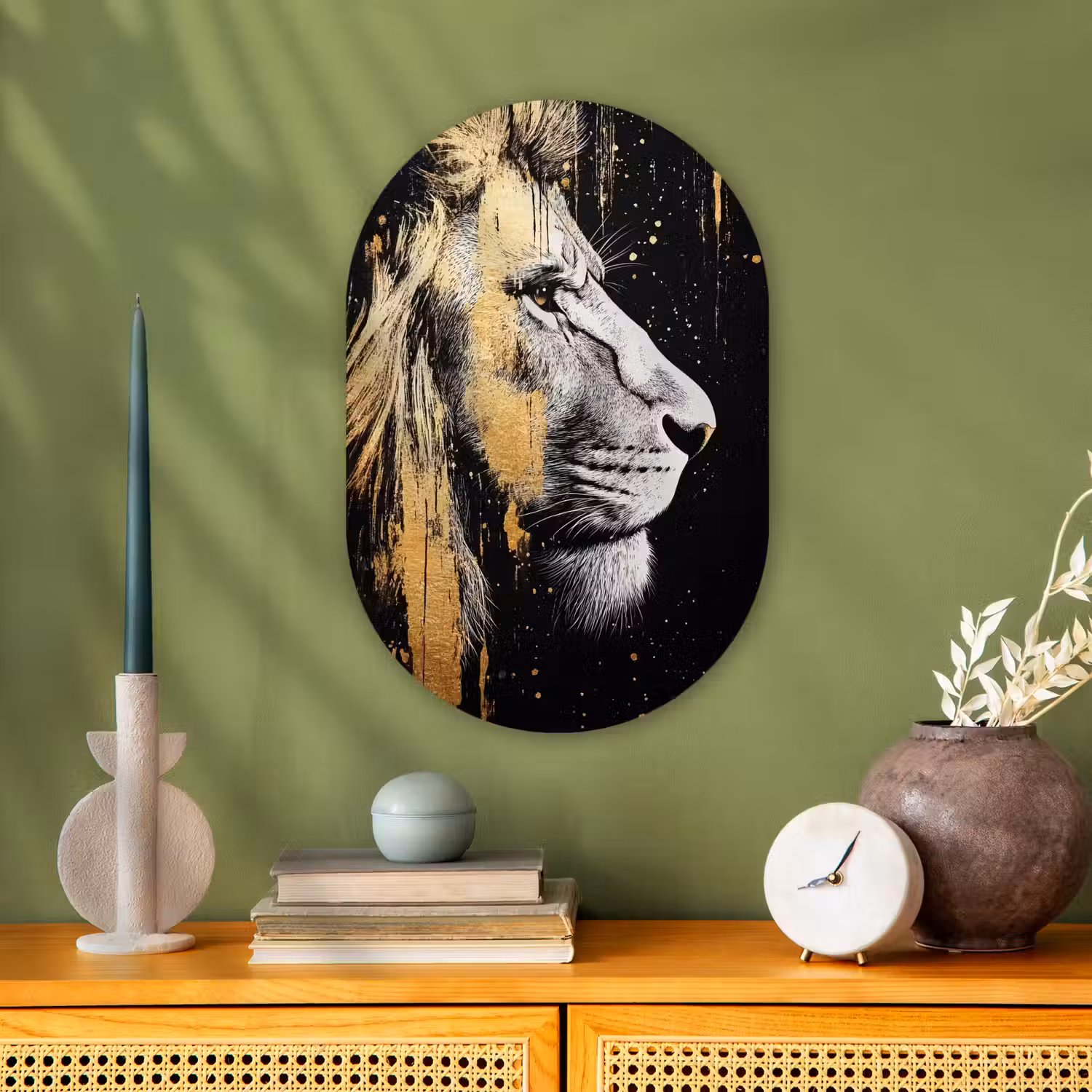 Portret - Leeuw - Abstract - Goud Wandcirkel Ovaal Forex klein -sfeer2