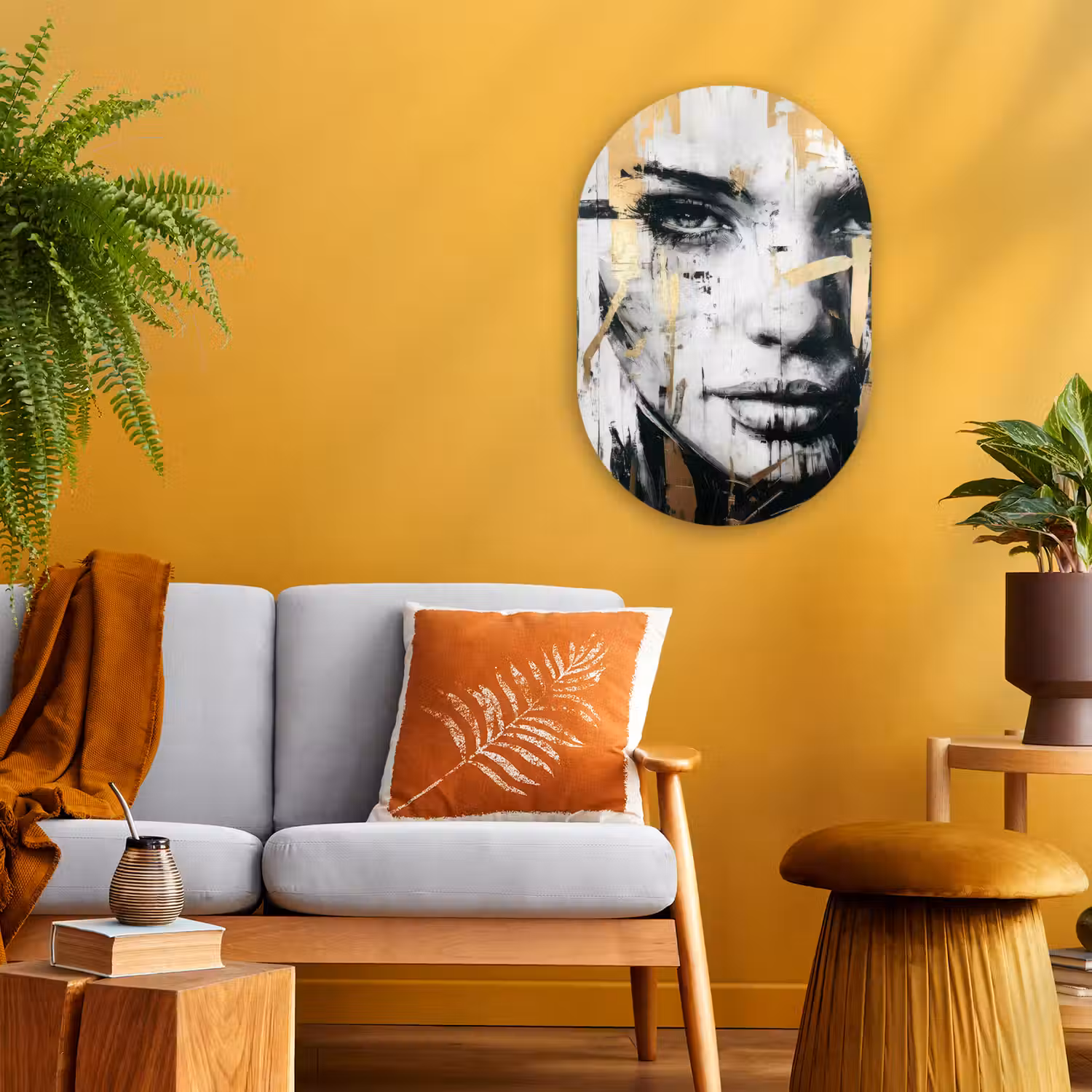 Portret - Vrouw - Penseelstreken - Goud Wandcirkel Ovaal Forex klein -sfeer4