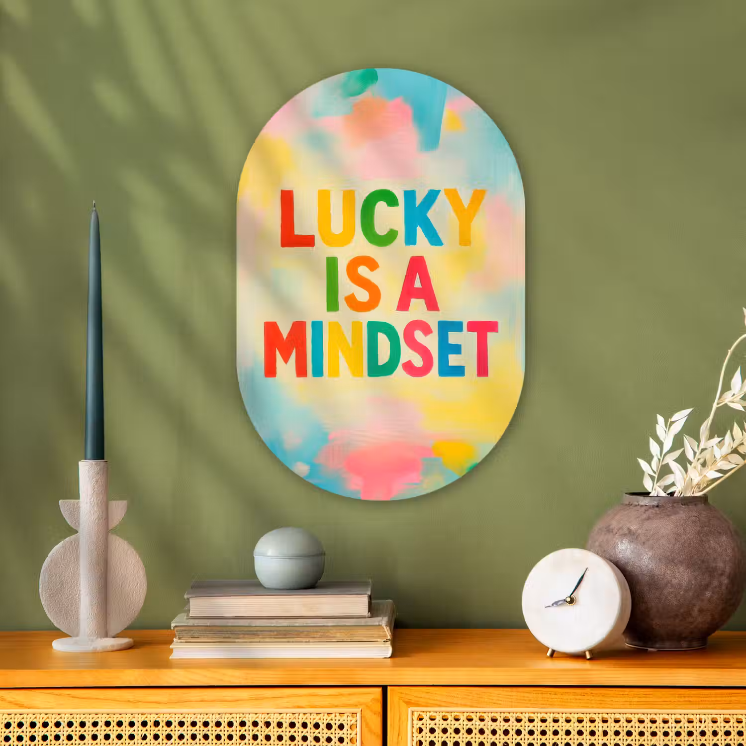Quote - Lucky - Regenboogkleuren Wandcirkel Ovaal Forex klein -sfeer2