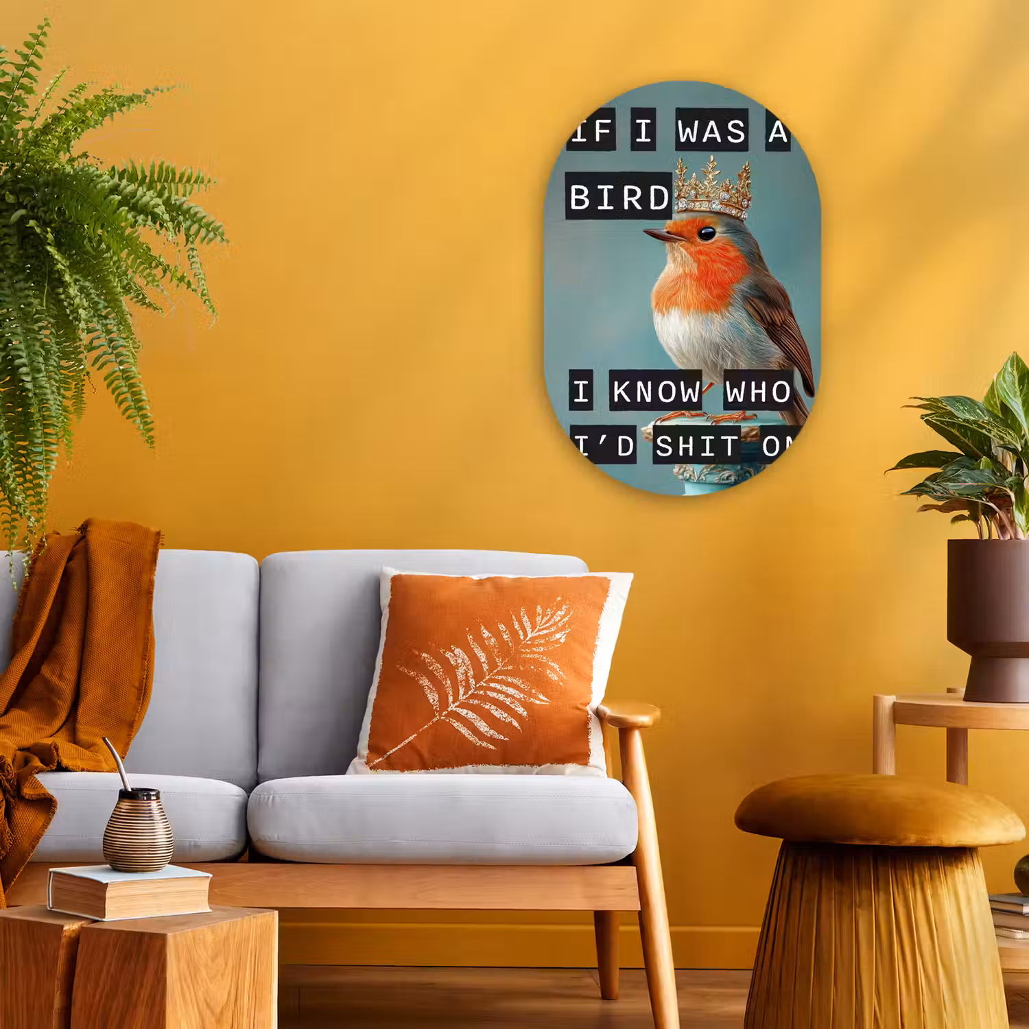 Roodborstje - Vogel - Blauw - Decoratie Wandcirkel Ovaal Forex klein -sfeer4