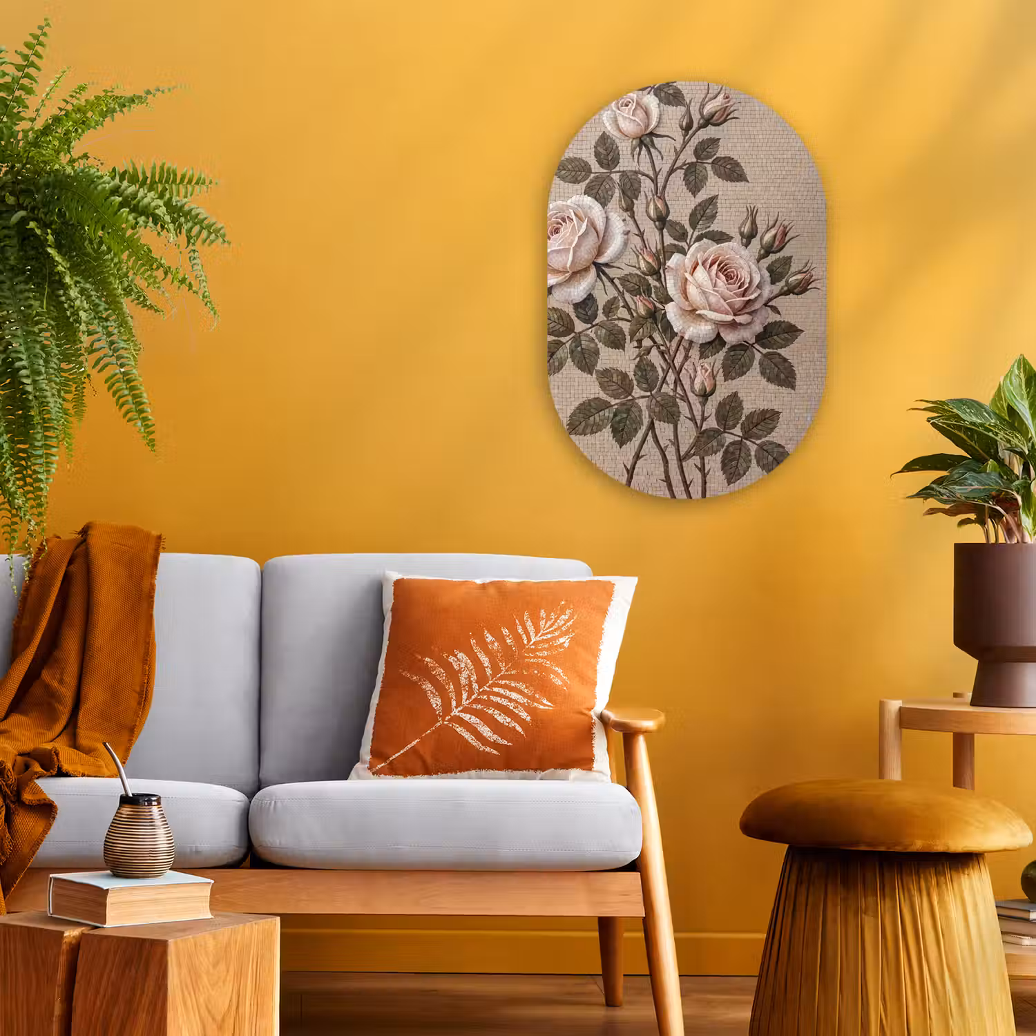 Roos - Mozaïek - Bloemen - Klassiek - Beige Wandcirkel Ovaal Forex klein -sfeer4