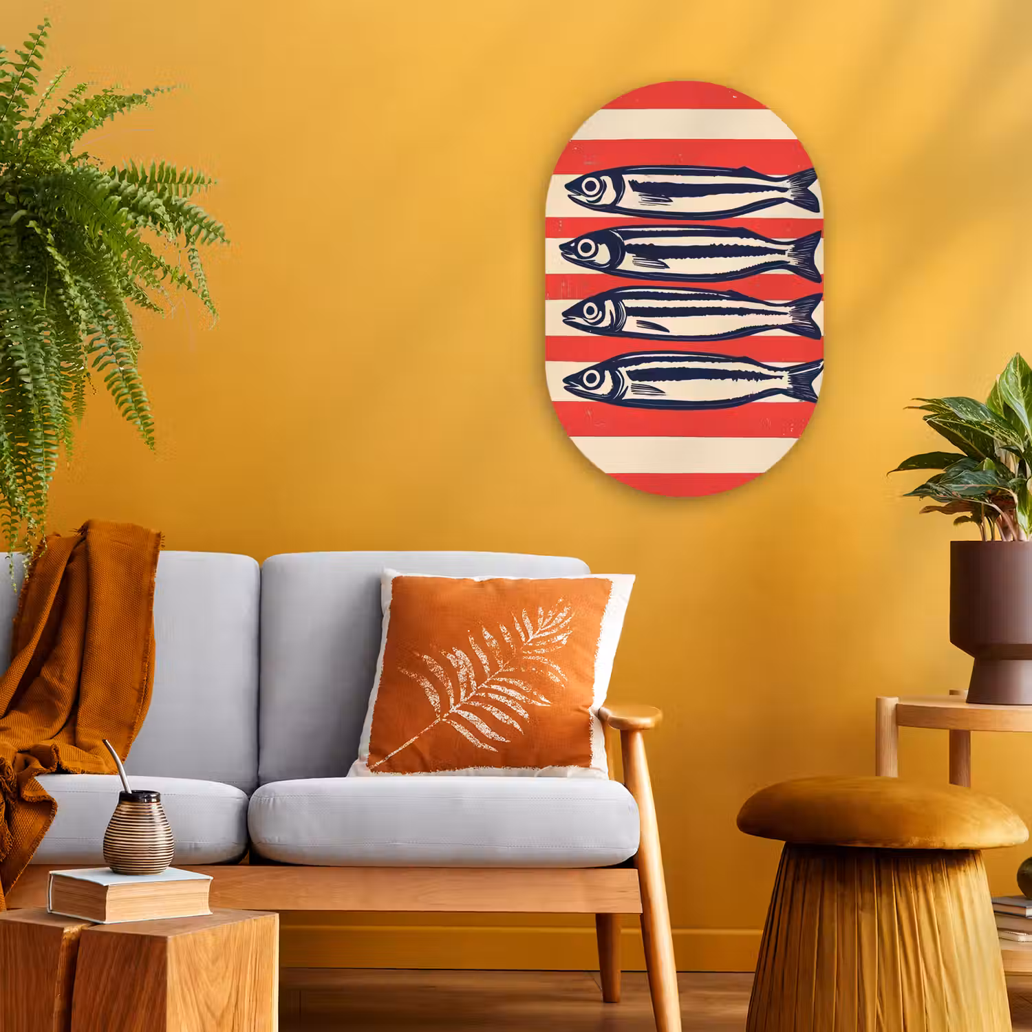 Sardines - Rood en beige strepen Wandcirkel Ovaal Forex klein -sfeer4
