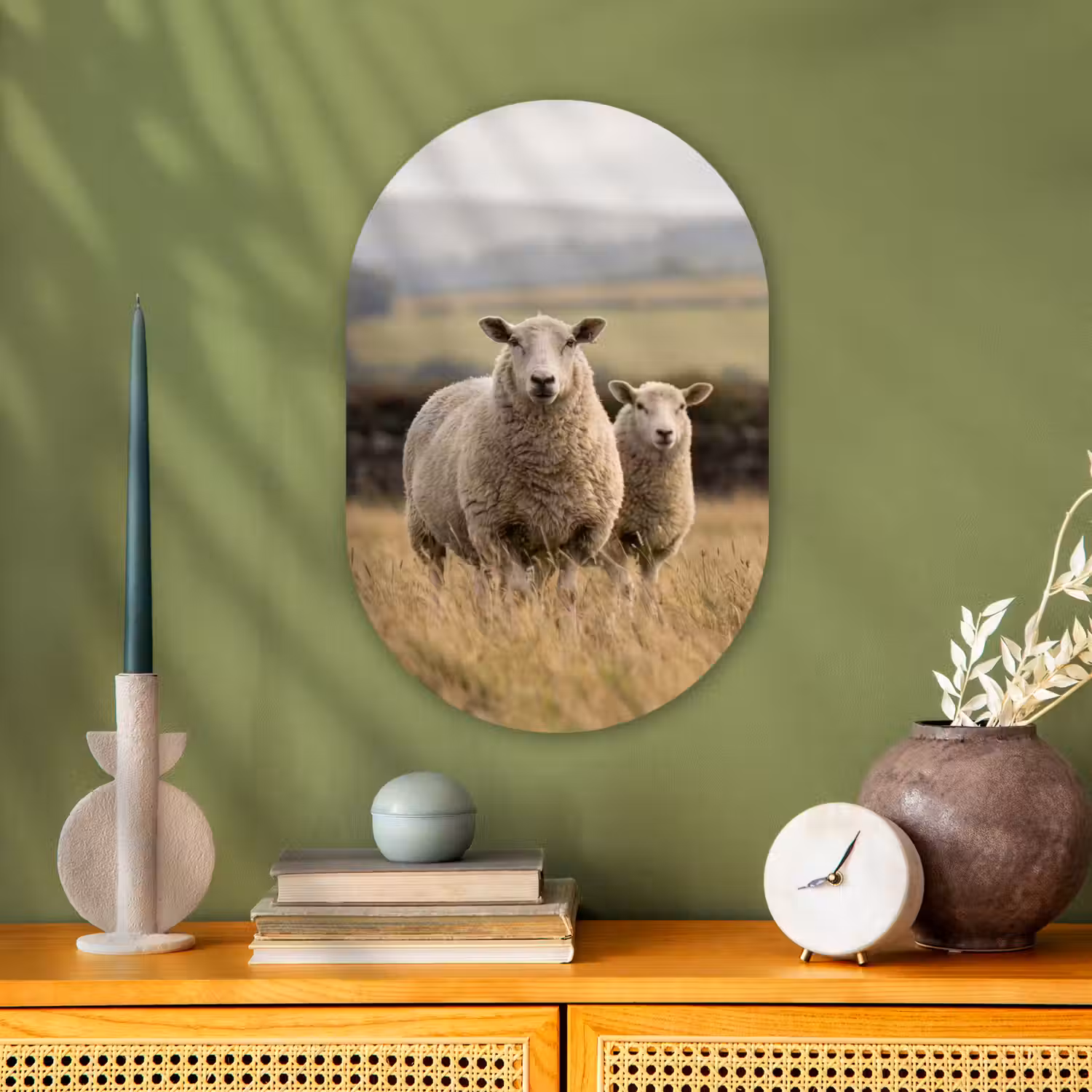 Schapen - Weidenlandschap - Heuvels Wandcirkel Ovaal Forex klein -sfeer2
