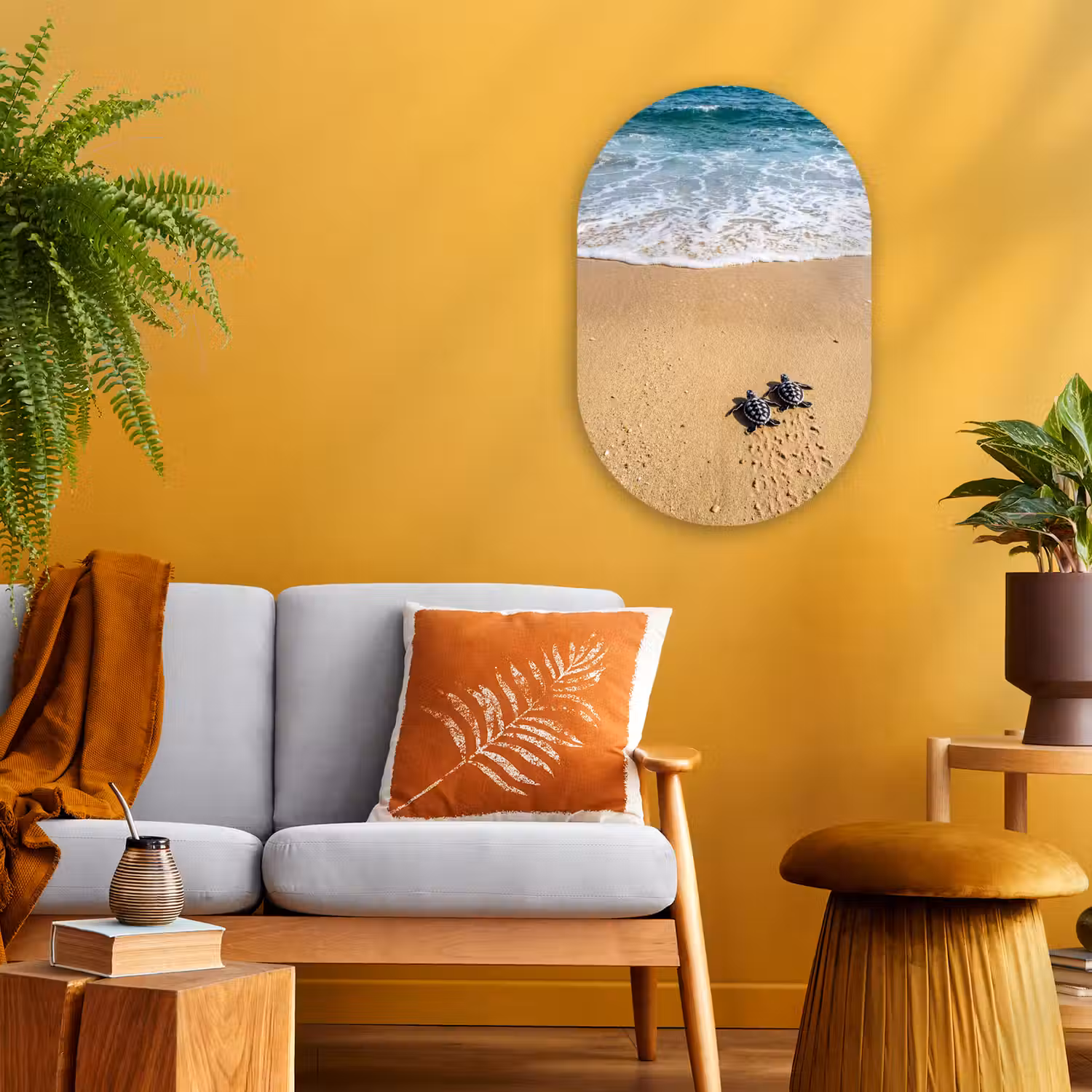 Schildpad - Jong - Strand - Oceaan - Blauw Wandcirkel Ovaal Forex klein -sfeer4