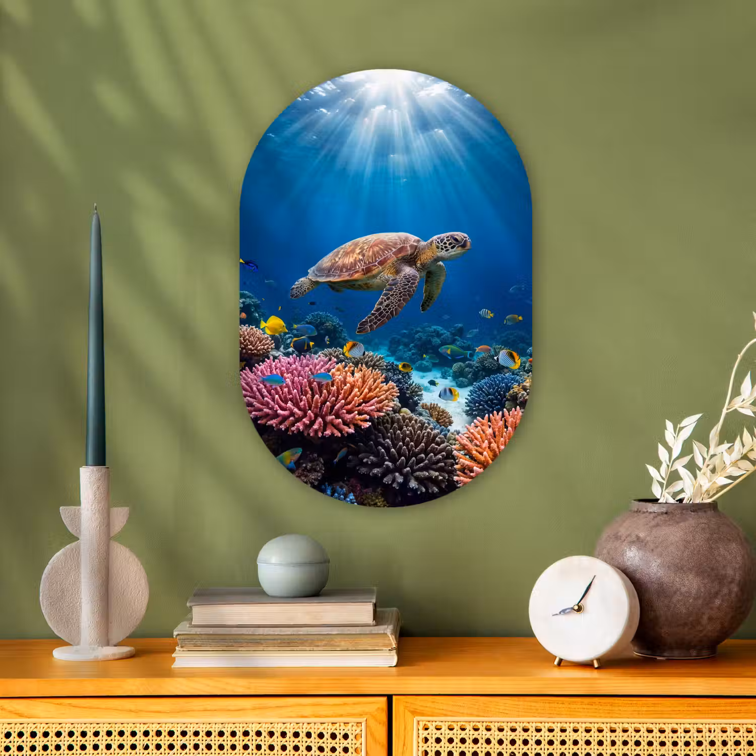 Schildpad - Koraalrif - Oceaan - Dieren - Blauw Wandcirkel Ovaal Forex klein -sfeer2