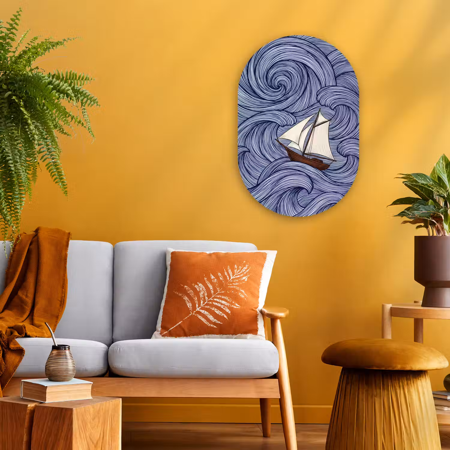 Schip - Golven - Zee - Illustratie - Blauw Wandcirkel Ovaal Forex klein -sfeer4