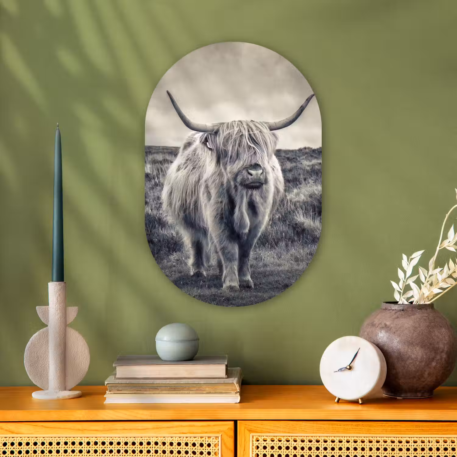 Schotse hooglander - Dieren - Wolken - Koe - Natuur Wandcirkel Ovaal Forex klein -sfeer2