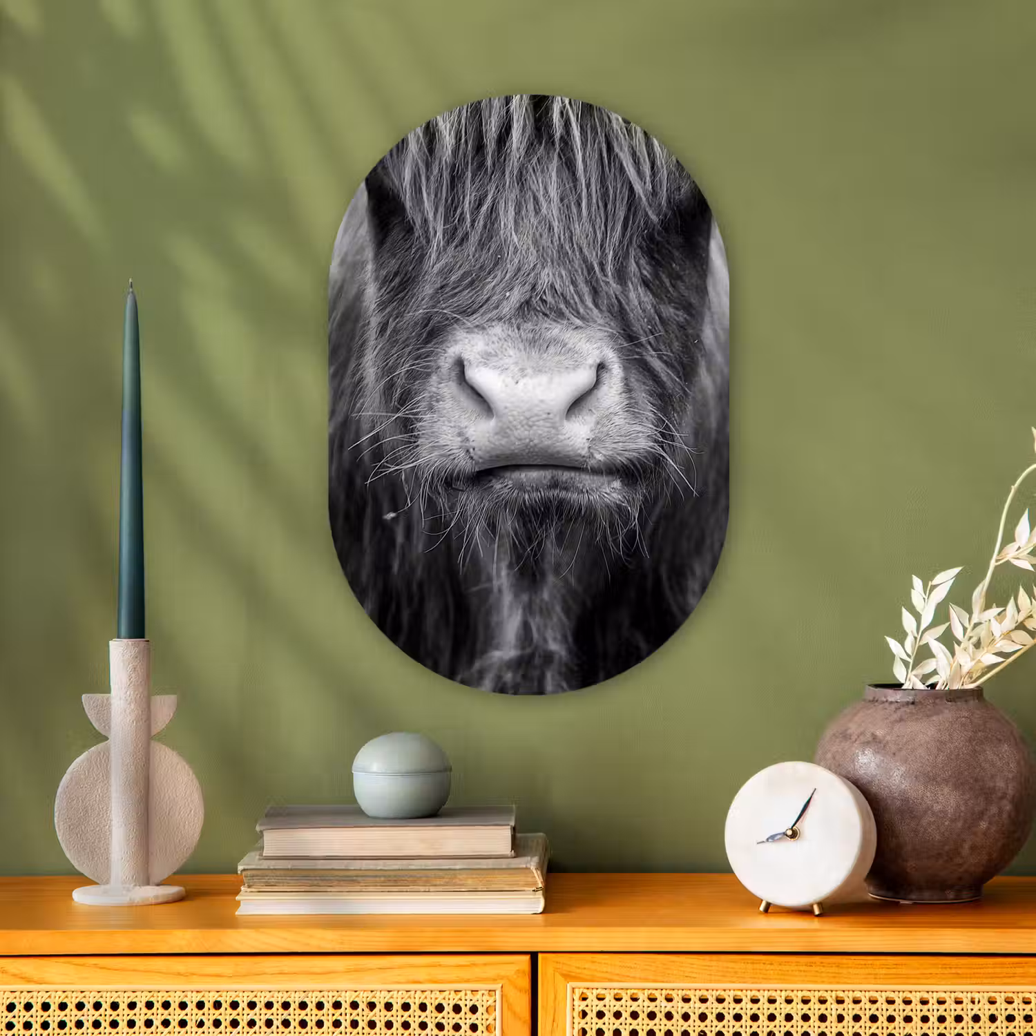 Schotse hooglander - Koe - Zwart - Wit - Dieren Wandcirkel Ovaal Forex klein -sfeer2