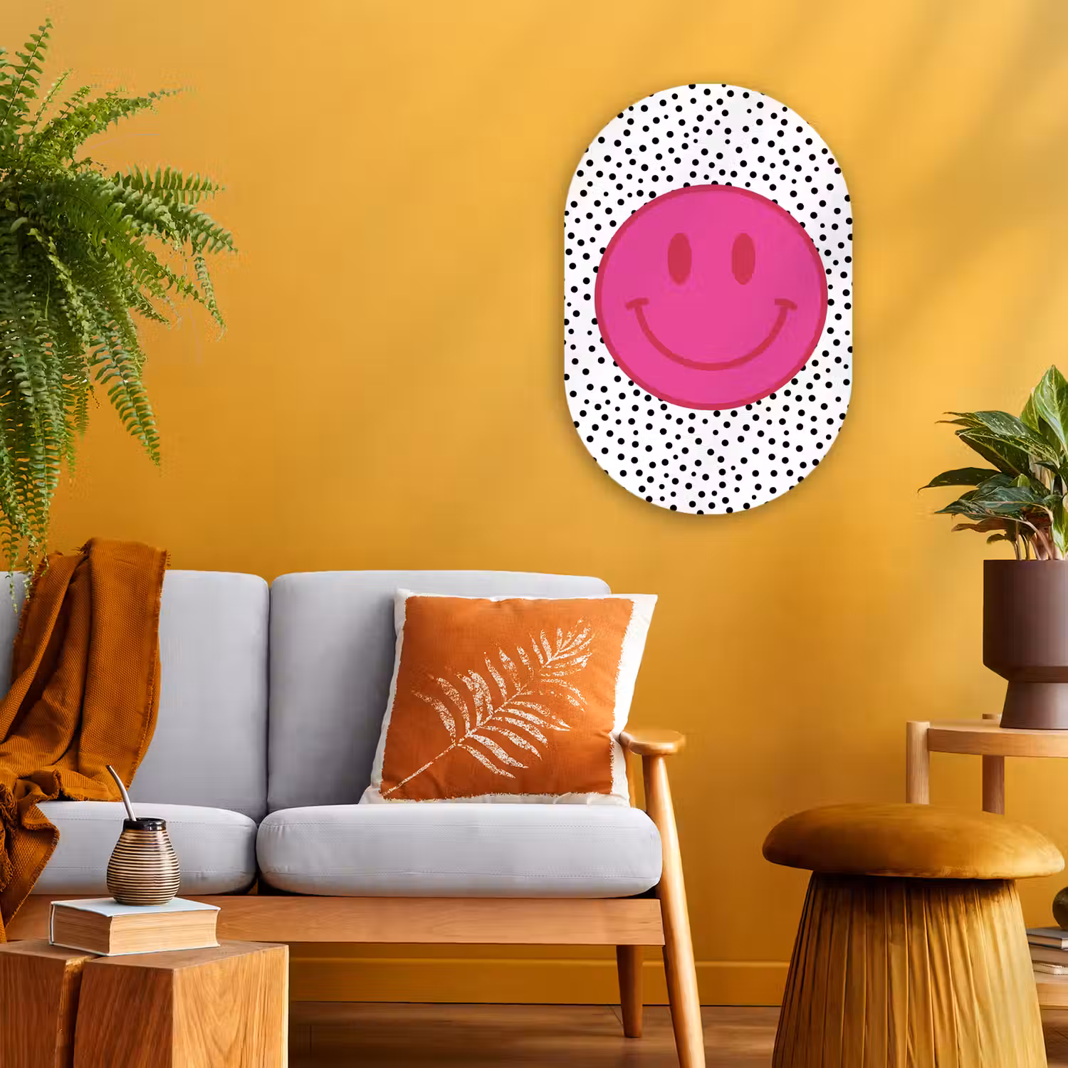 Smiley - Roze - Stippen Wandcirkel Ovaal Forex klein -sfeer4
