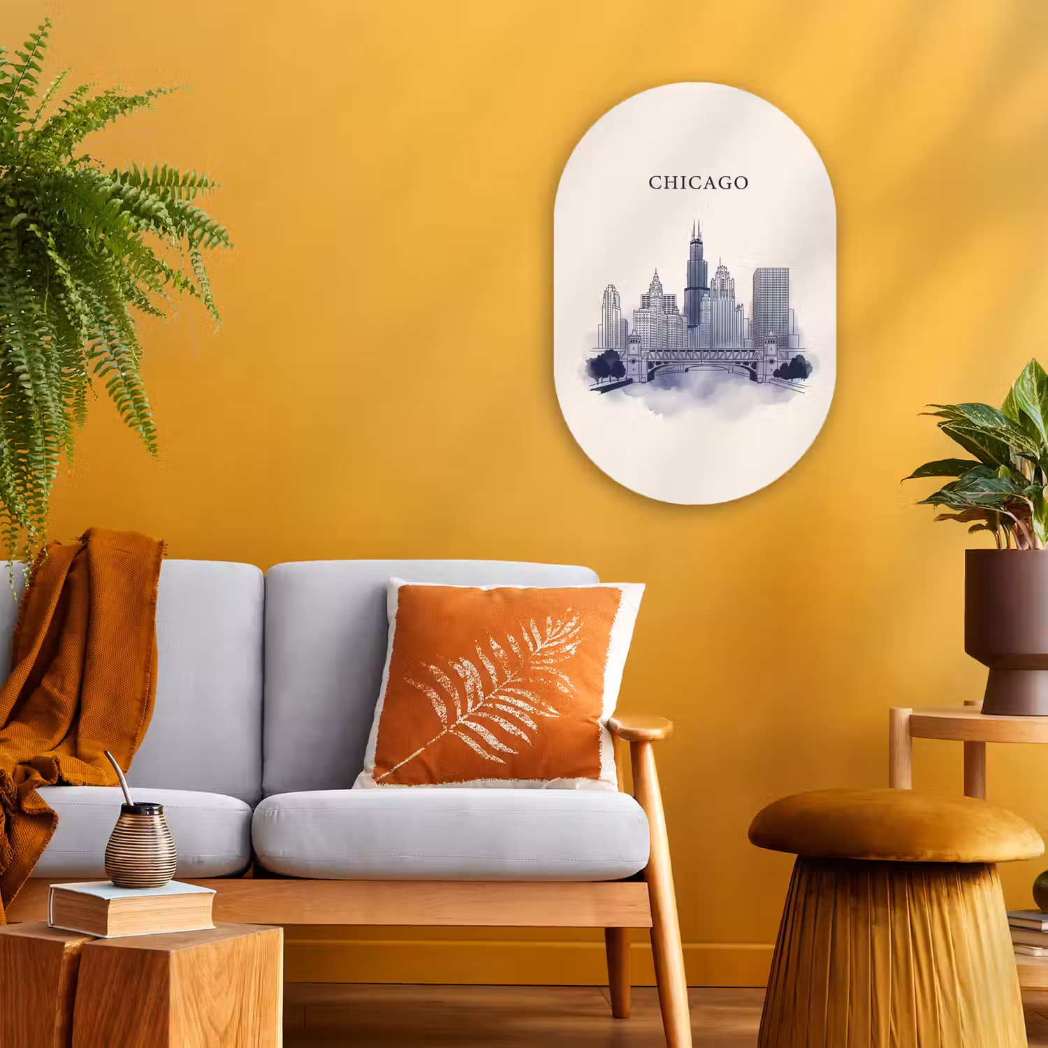 Stad - Skyline - Architectuur - Lijntekening - Blauw Wandcirkel Ovaal Forex klein -sfeer4
