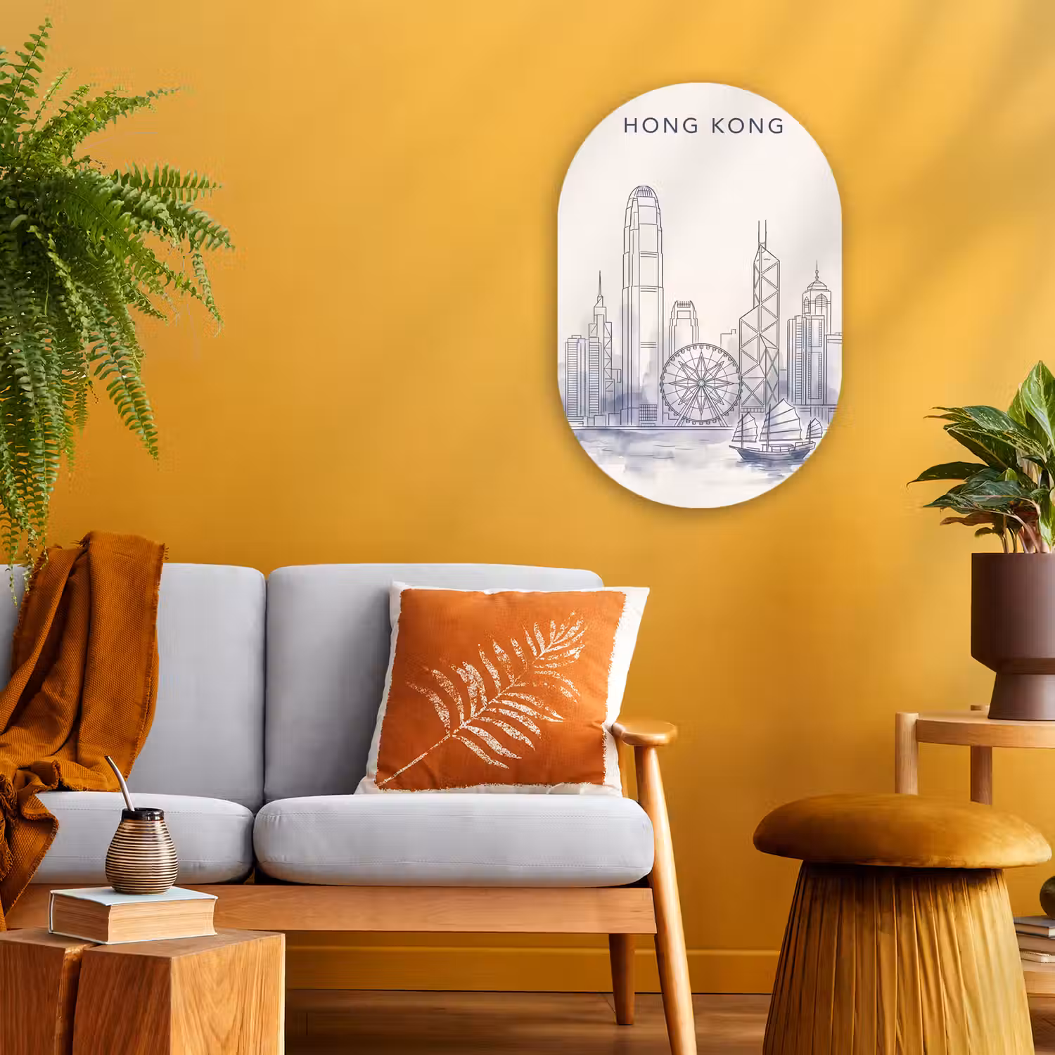 Stad - Skyline - Water - Lijntekening - Blauw Wandcirkel Ovaal Forex klein -sfeer4