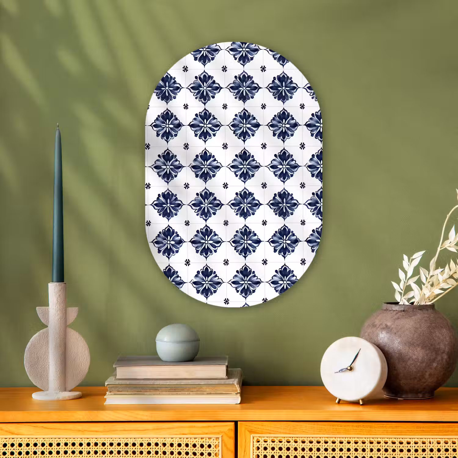 Tegelmotief - Blauw - Wit - Bloem Wandcirkel Ovaal Forex klein 630 -sfeer2