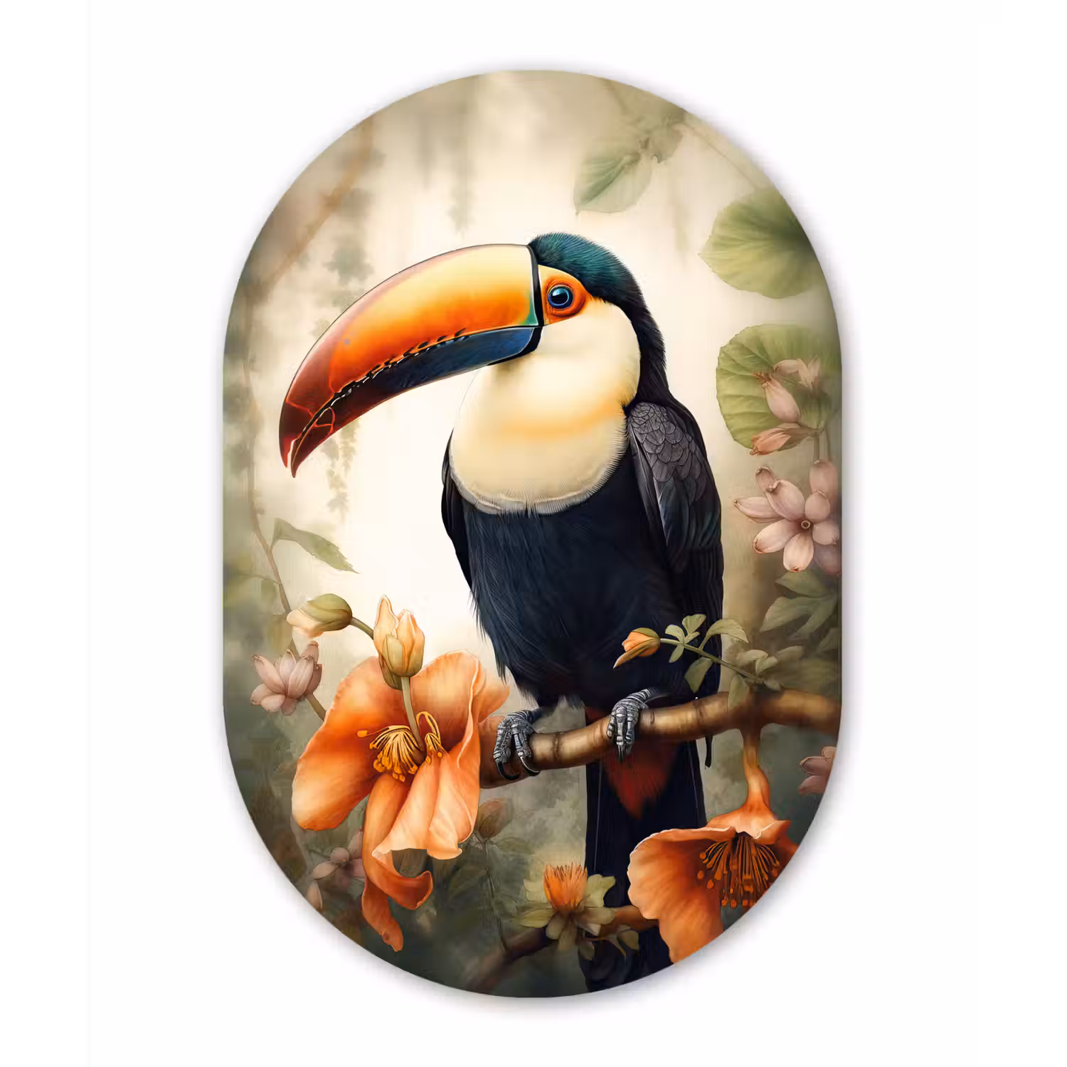 Toekan - Vogel - Bloemen - Planten Wandcirkel Ovaal Forex klein -3d