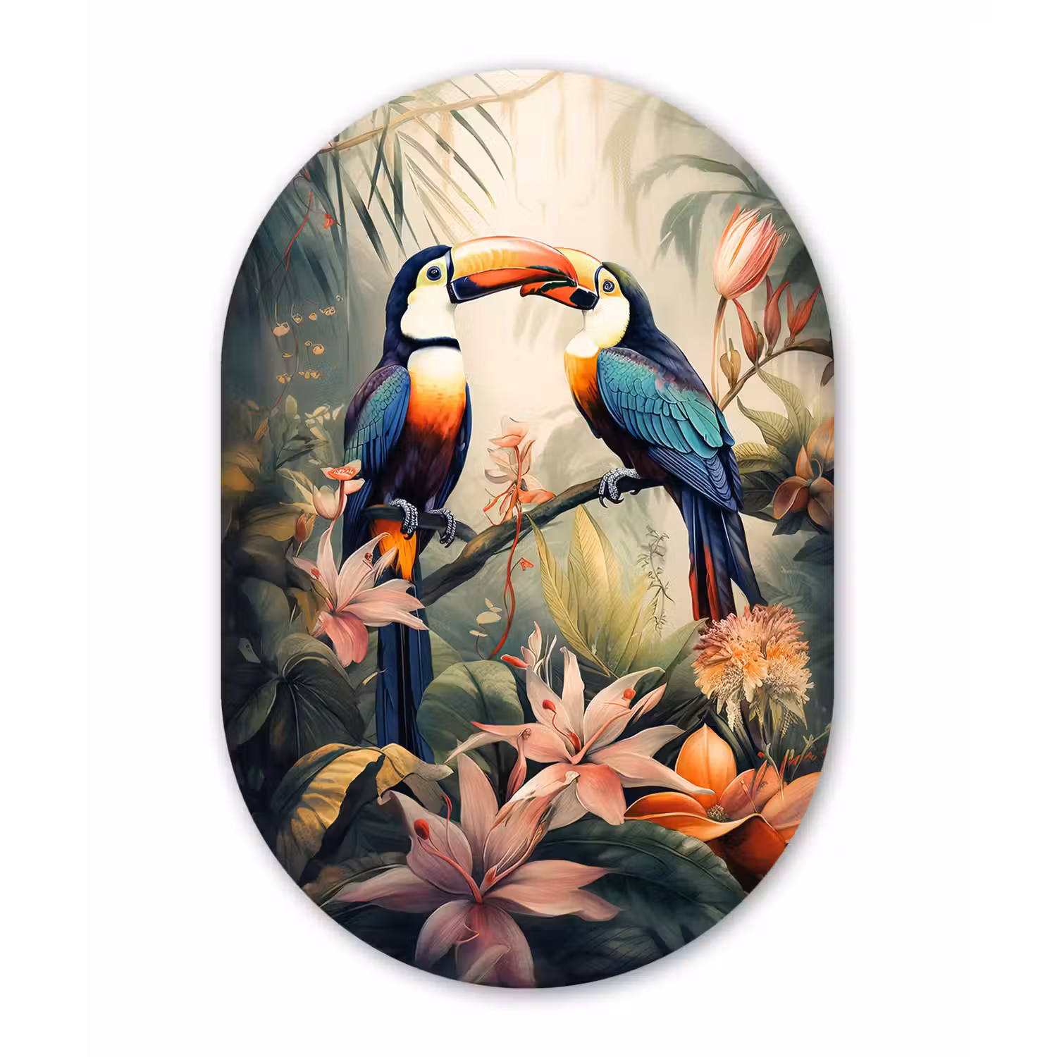 Toekan - Vogels - Bloemen - Natuur - Jungle Wandcirkel Ovaal Forex klein -3d